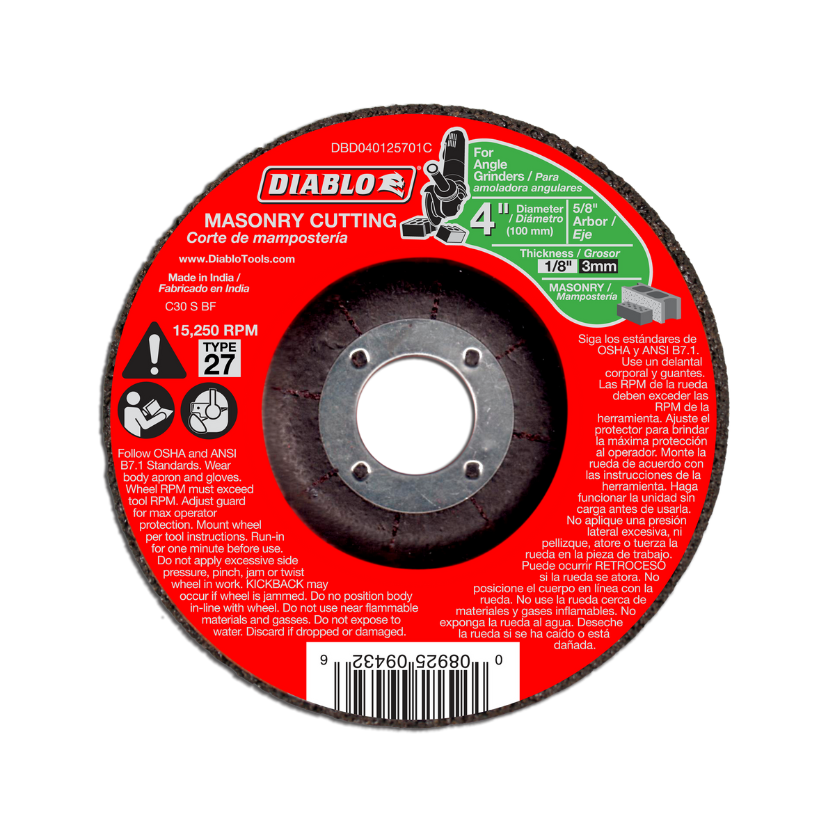 Diablo DBD040125701C 4" Type 27 Masonry Cut-Off Disc