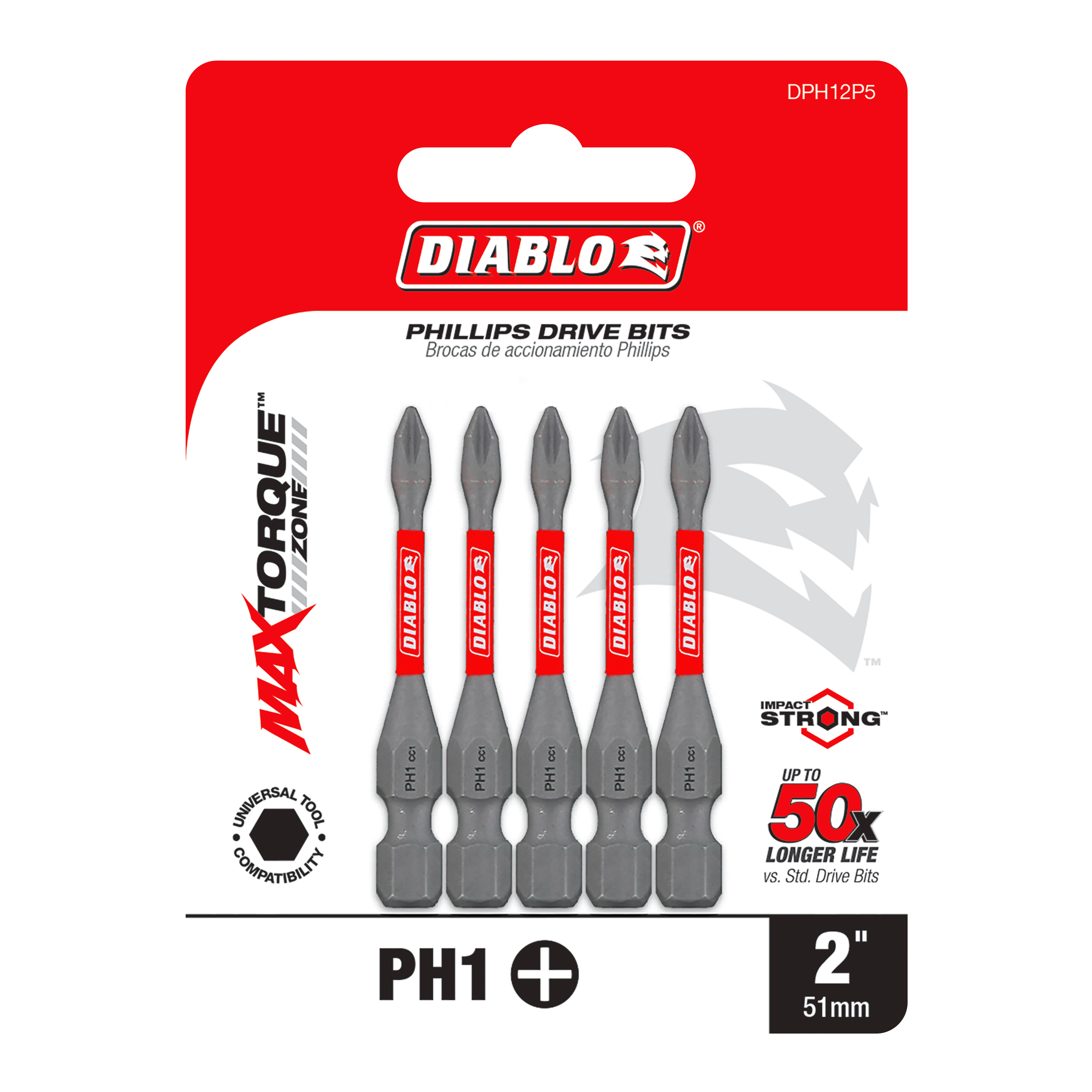 Diablo DPH12P5 2" #1 Phillips Drive Bits (5-Pack)