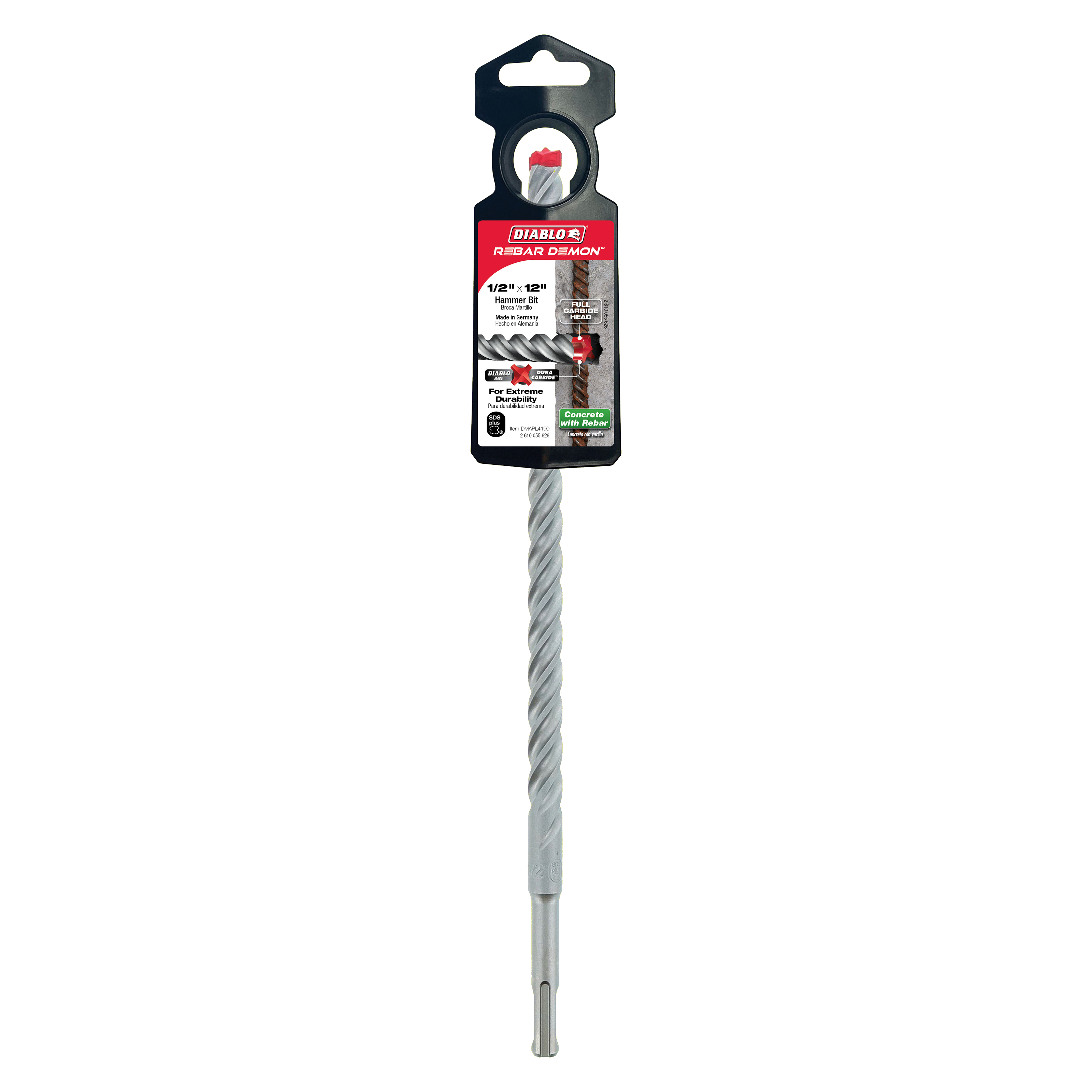 Diablo DMAPL4190 1/2" x 10" x 12" Rebar Demon™ SDS-Plus 4-Cutter Full Carbide Head Hammer Drill Bit