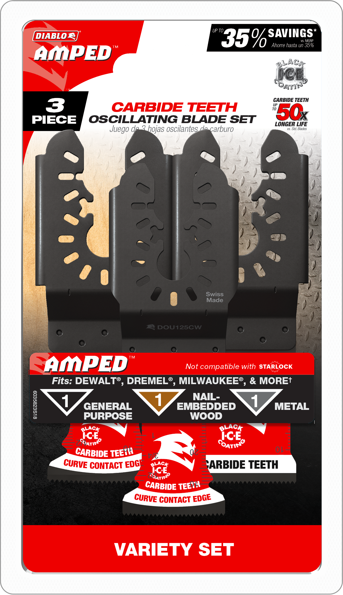 Diablo DOU3CVS AMPED™ Demo Demon™ & AMPED™ Steel Demon™ Universal Fit Carbide Oscillating Blade Set (3-pc)