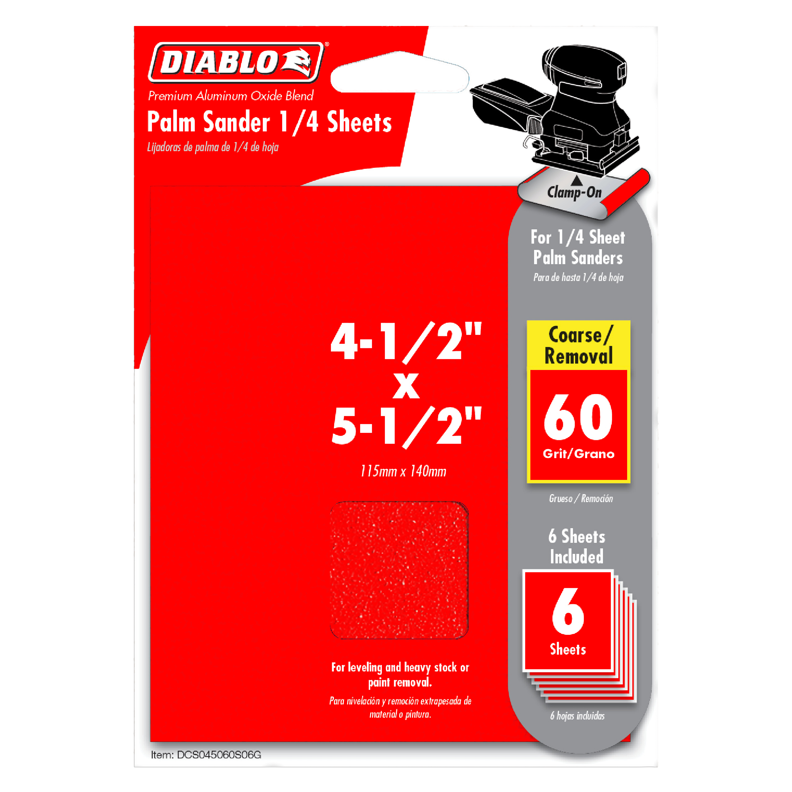 Diablo DCS045060S06G 4-1/2" x 5-1/2" 60-Grit Palm Sander 1/4 Sanding Sheets (6-Pack)