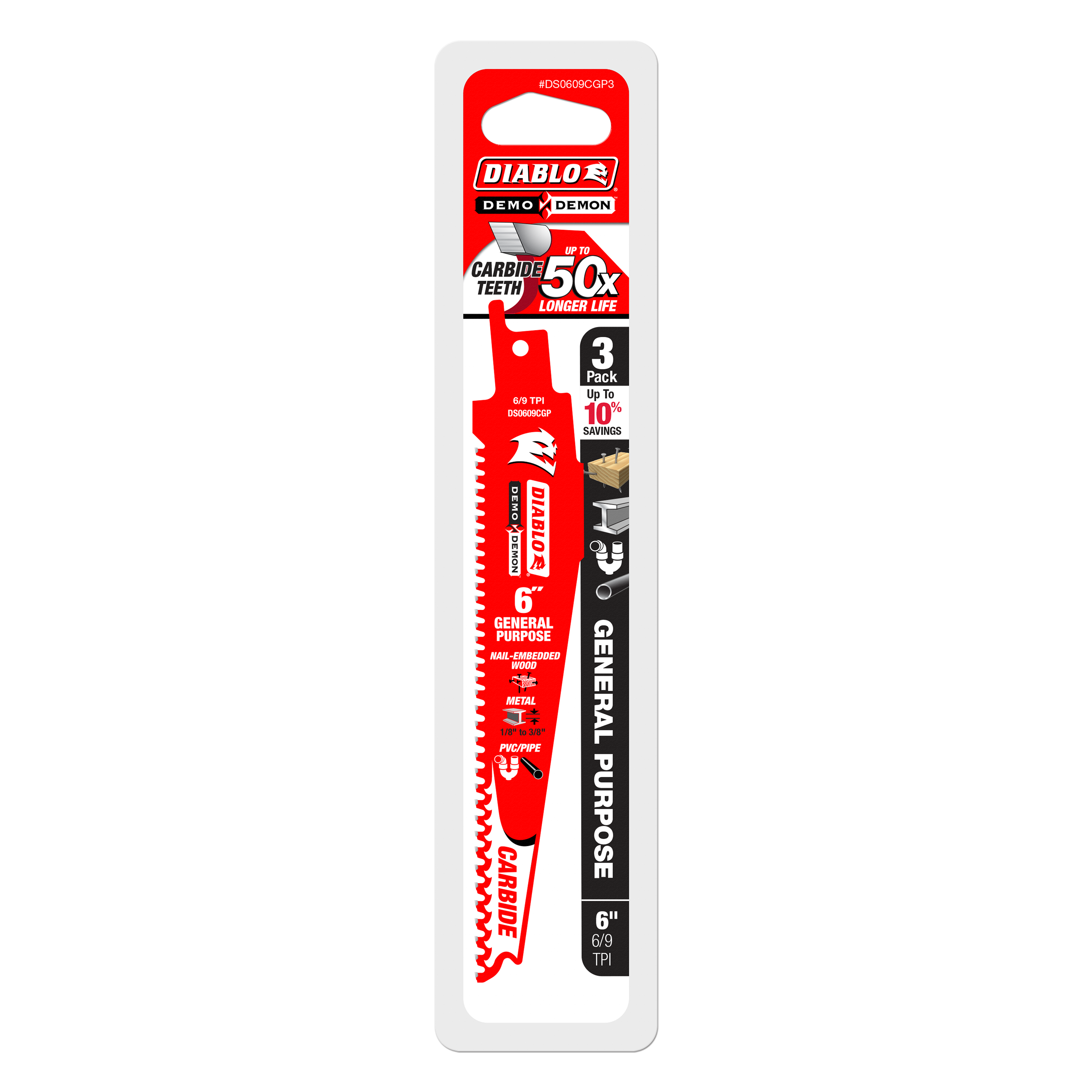 Diablo DS0609CGP3 6" 6/9 TPI Demo Demon™ Carbide Teeth Reciprocating Saw Blades for General Purpose Cuts (3-Pack)