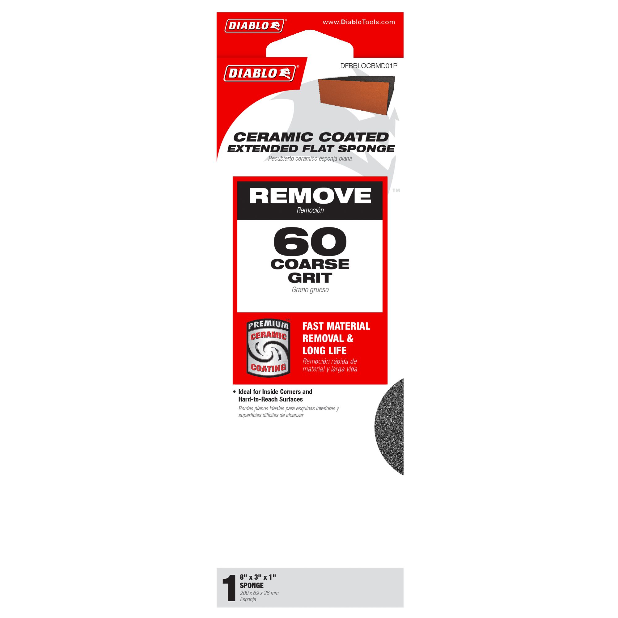 Diablo DFBBLOCBMD01G 8" x 3" x 1" 60-Grit Extended Flat Edge Sanding Sponge