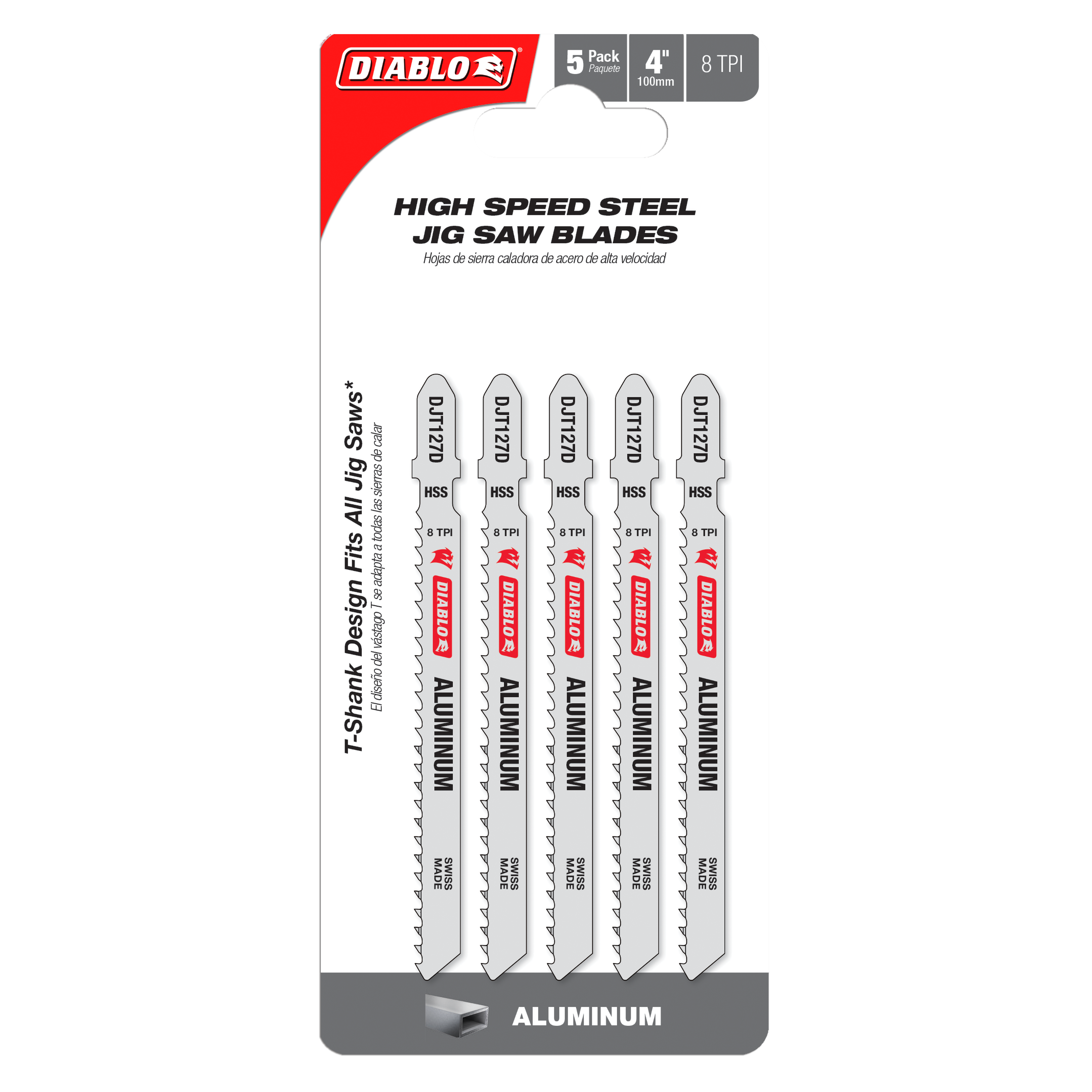 Diablo DJT127D5 Diablo 4" 8 TPI High Speed Steel T-Shank Jig Saw Blades for Aluminum (5-Pack)