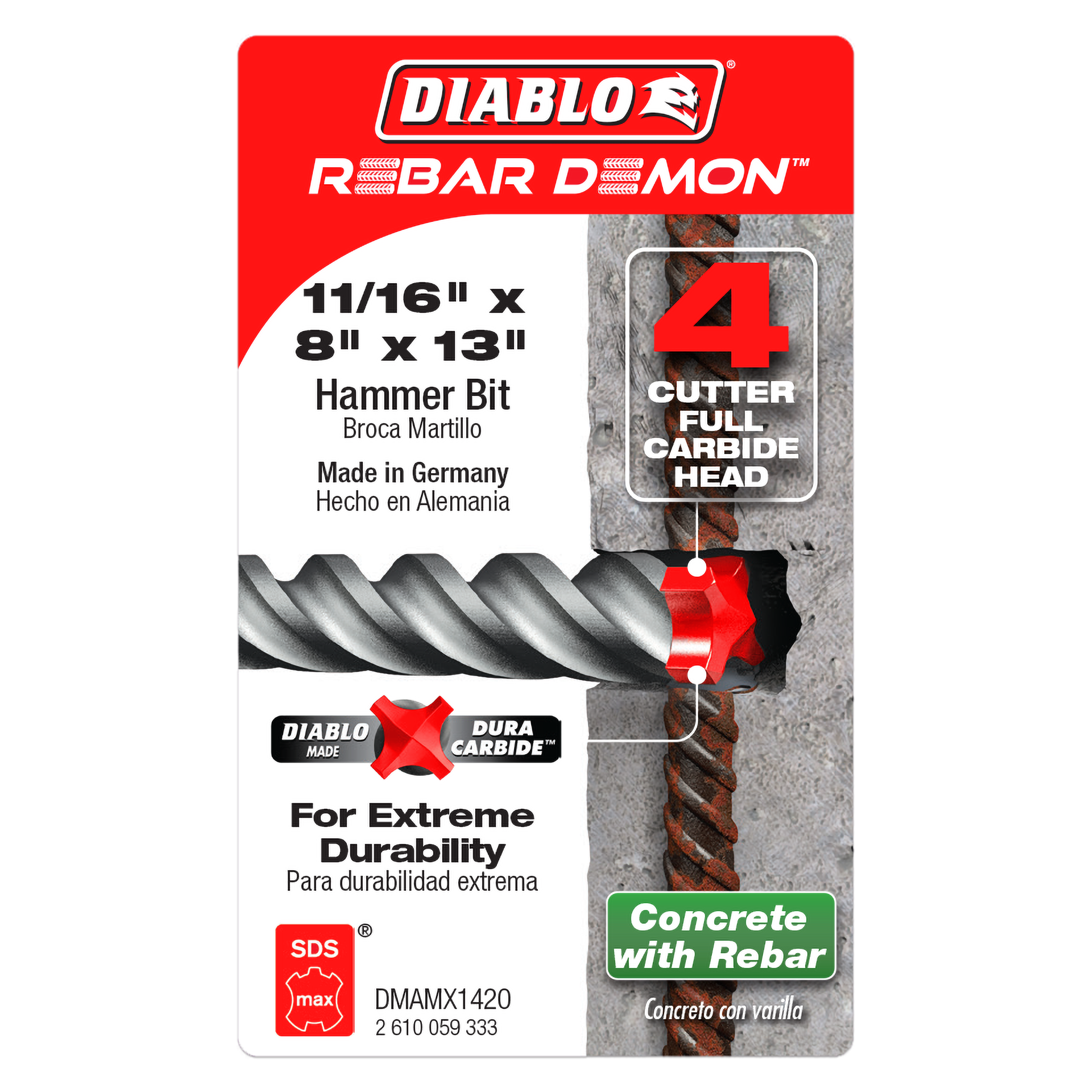 Diablo DMAMX1420 11/16" x 8" x 13" Rebar Demon™ SDS-Max 4-Cutter Full Carbide Head Hammer Drill Bit