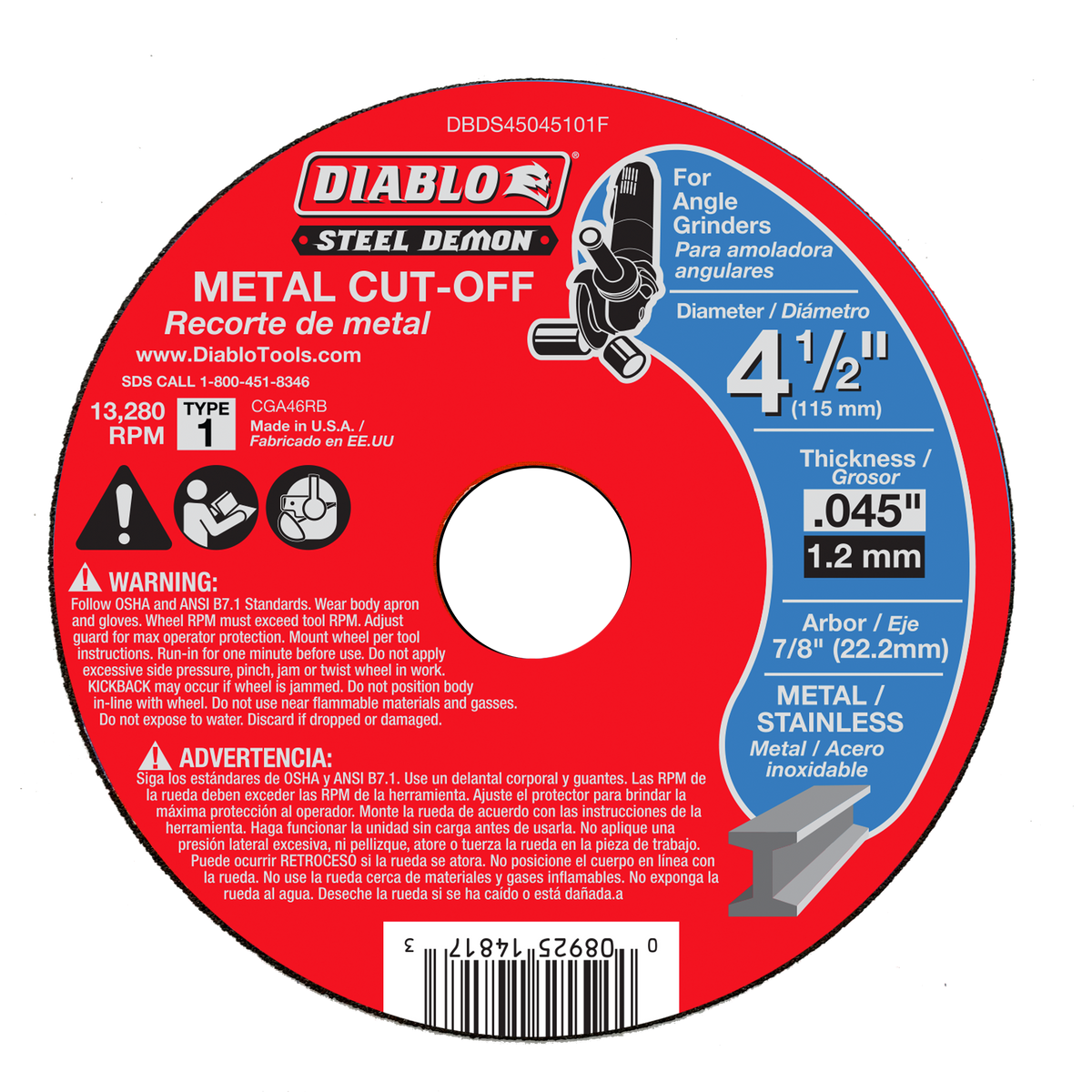 Diablo DBDS45045101F 4-1/2" Type 1 Steel Demon™ Metal Cut-Off Disc