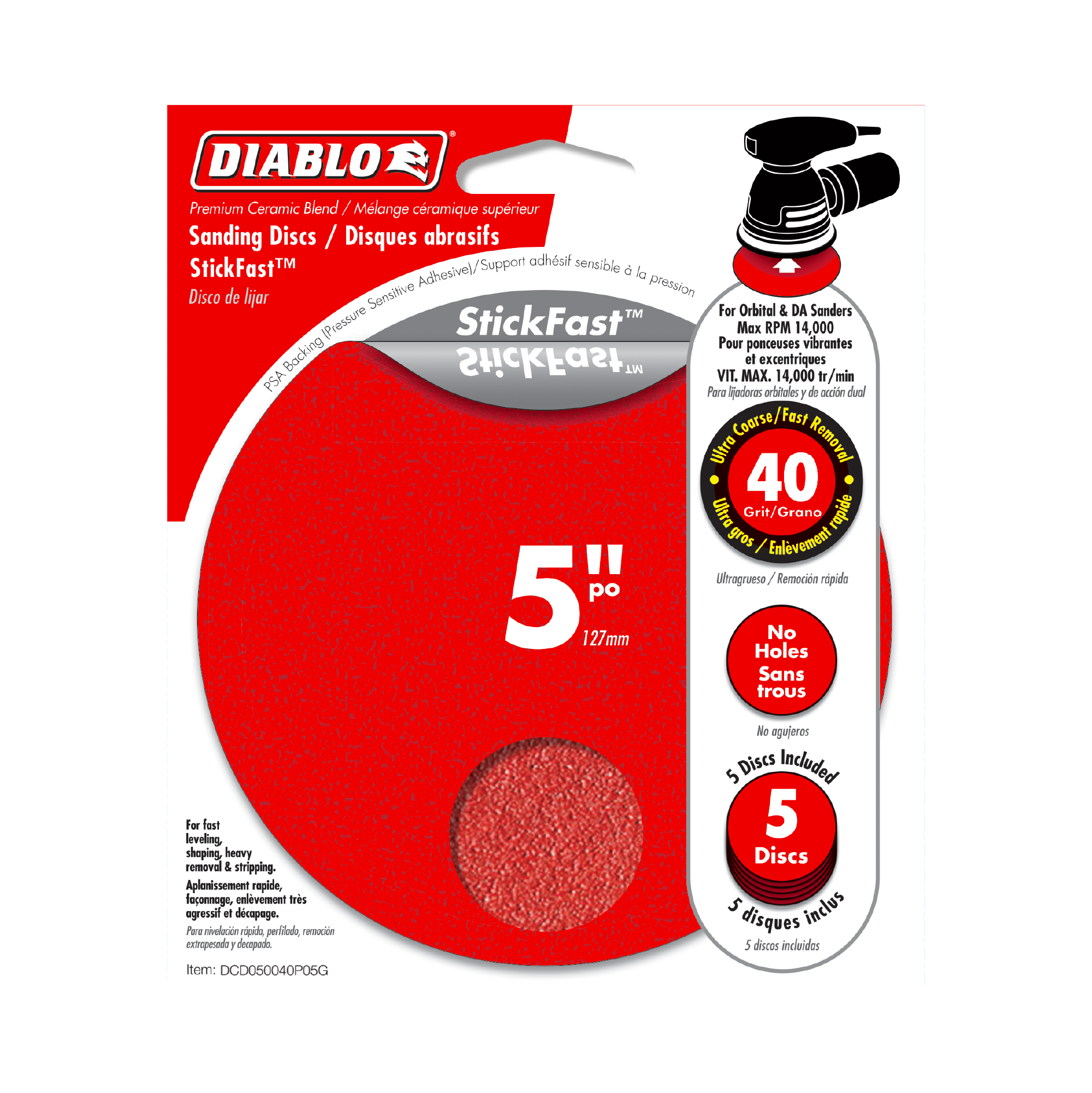 Diablo DCD050040P05G 5" 40-Grit StickFast™ ROS Sanding Discs (5-Pack)