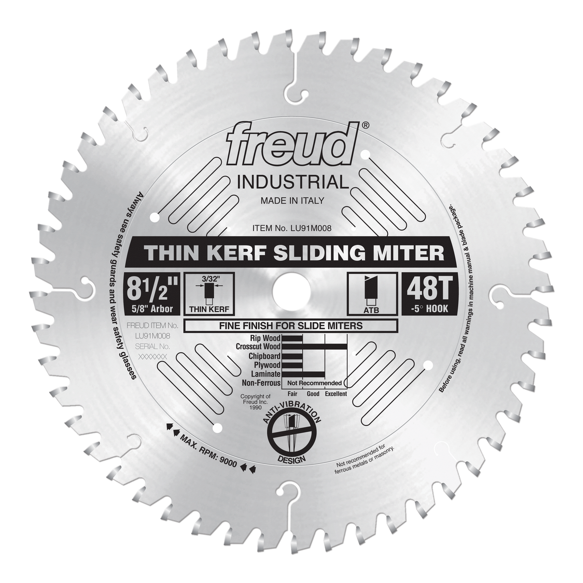 Freud LU91M008 8-1/2" Thin Kerf Sliding Compound Miter Saw Blade