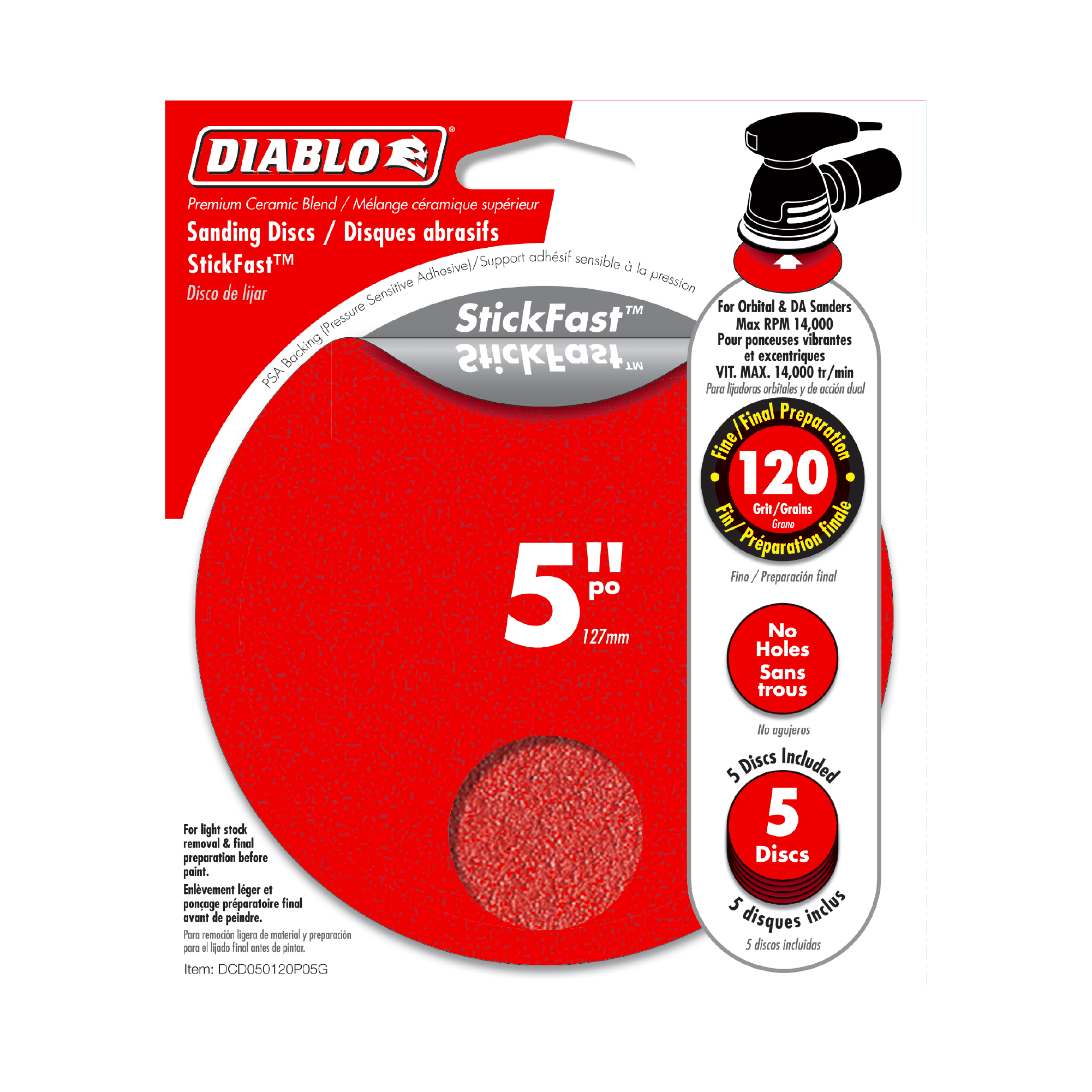 Diablo DCD050120P05G 5" 120-Grit ROS StickFast™ Sanding Discs(5-Pack)