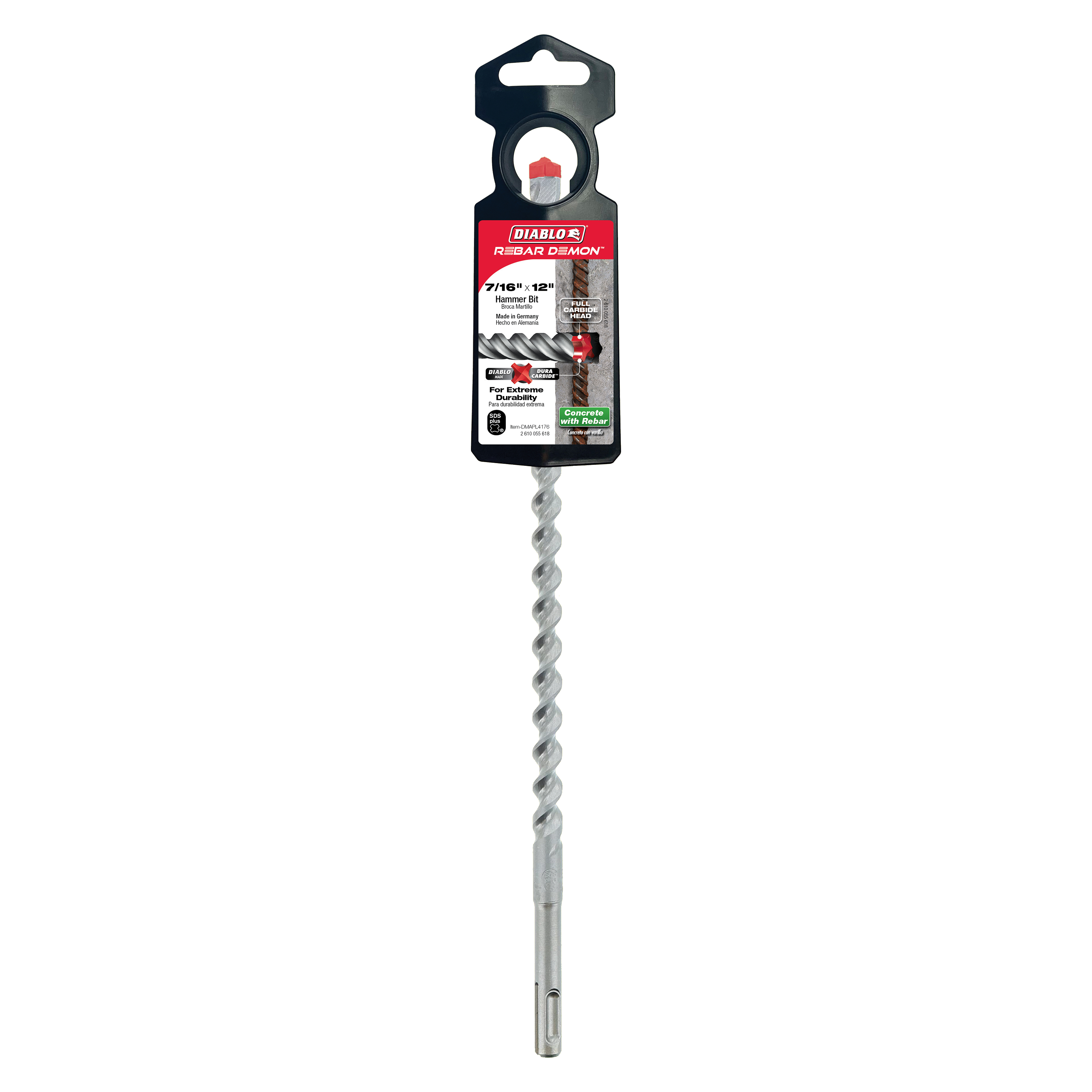 Diablo DMAPL4176 7/16" x 10" x 12" Rebar Demon™ SDS-Plus 4-Cutter Full Carbide Head Hammer Drill Bit