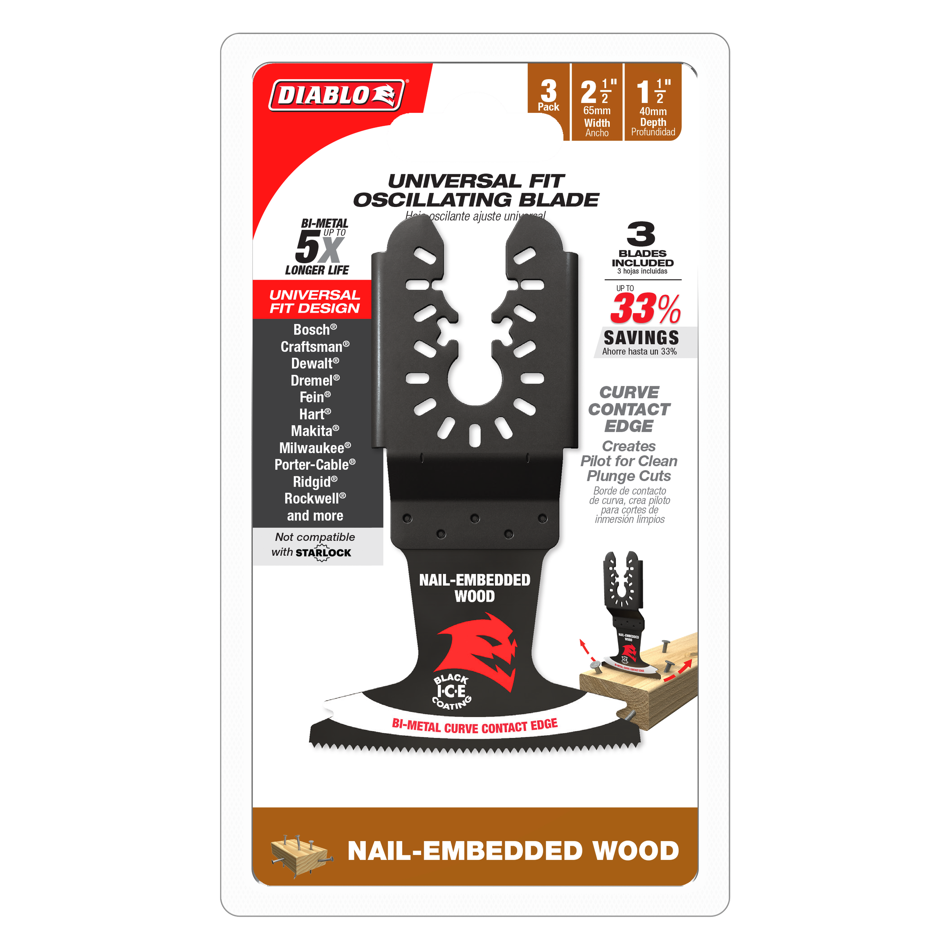 Diablo DOU250BW3 2-1/2" Demo Demon™ Universal Fit Bi-Metal Oscillating Blades for Nail-Embedded Wood (3-Pack)