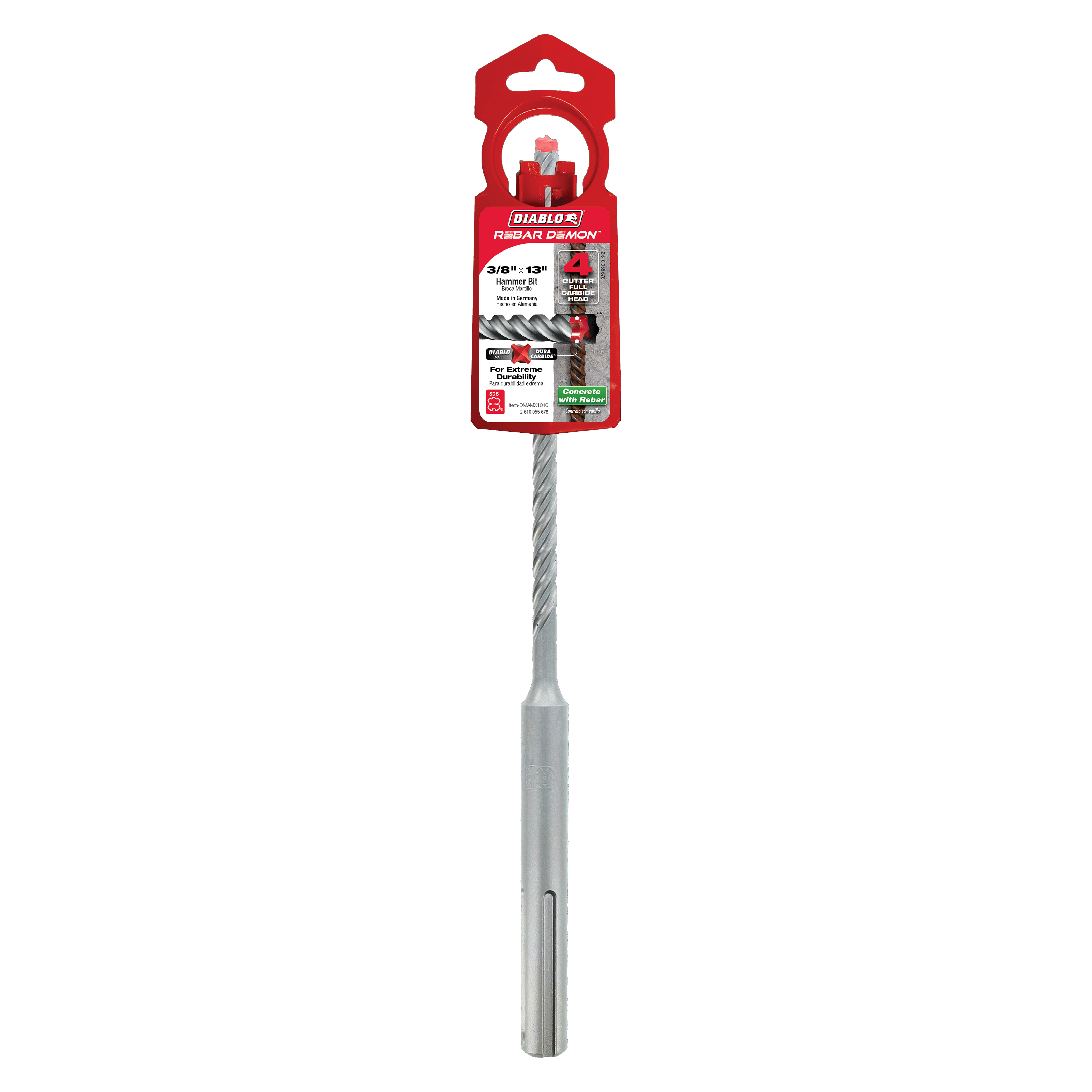 Diablo DMAMX1010 3/8" x 8" x 13" Rebar Demon™ SDS-Max 4-Cutter Full Carbide Head Hammer Drill Bit