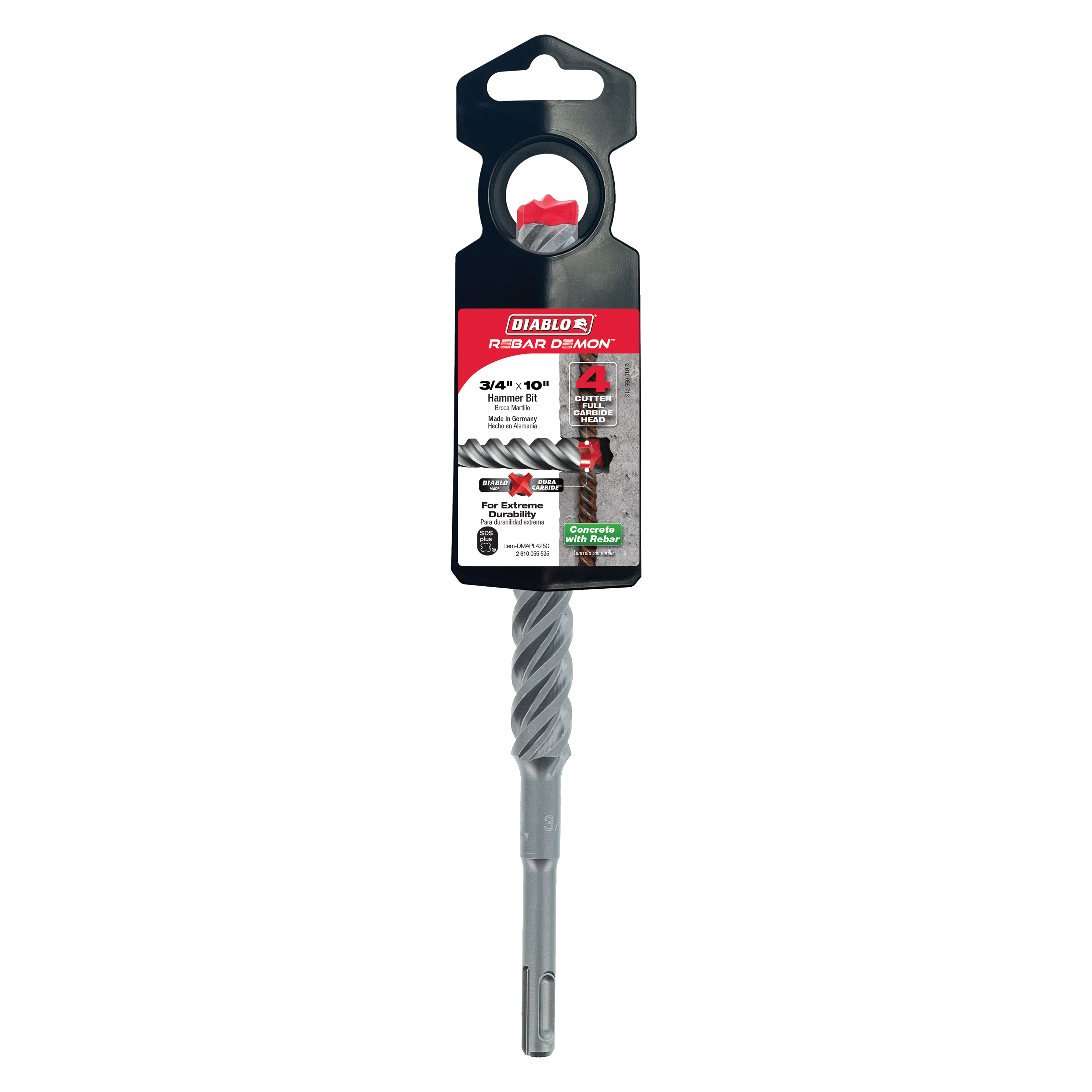Diablo DMAPL4250 3/4" x 8" x 10" Rebar Demon™ SDS-Plus 4-Cutter Full Carbide Head Hammer Drill Bit