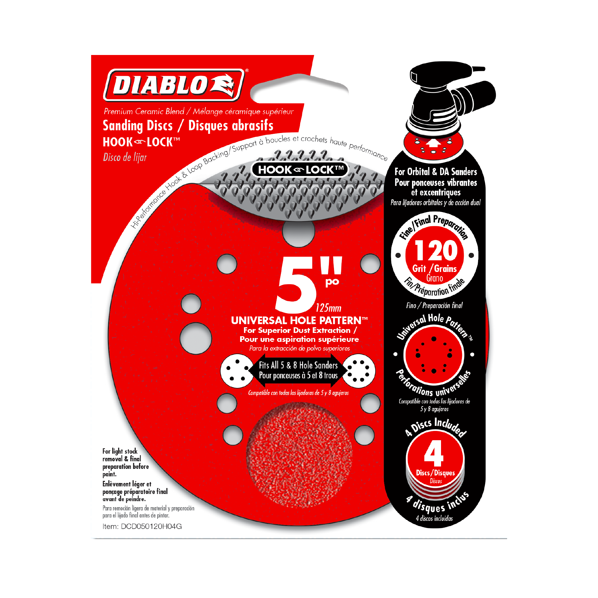 Diablo DCD050120H04G 5" 120-Grit Hook & Lock™ ROS Sanding Discs (4-Pack)