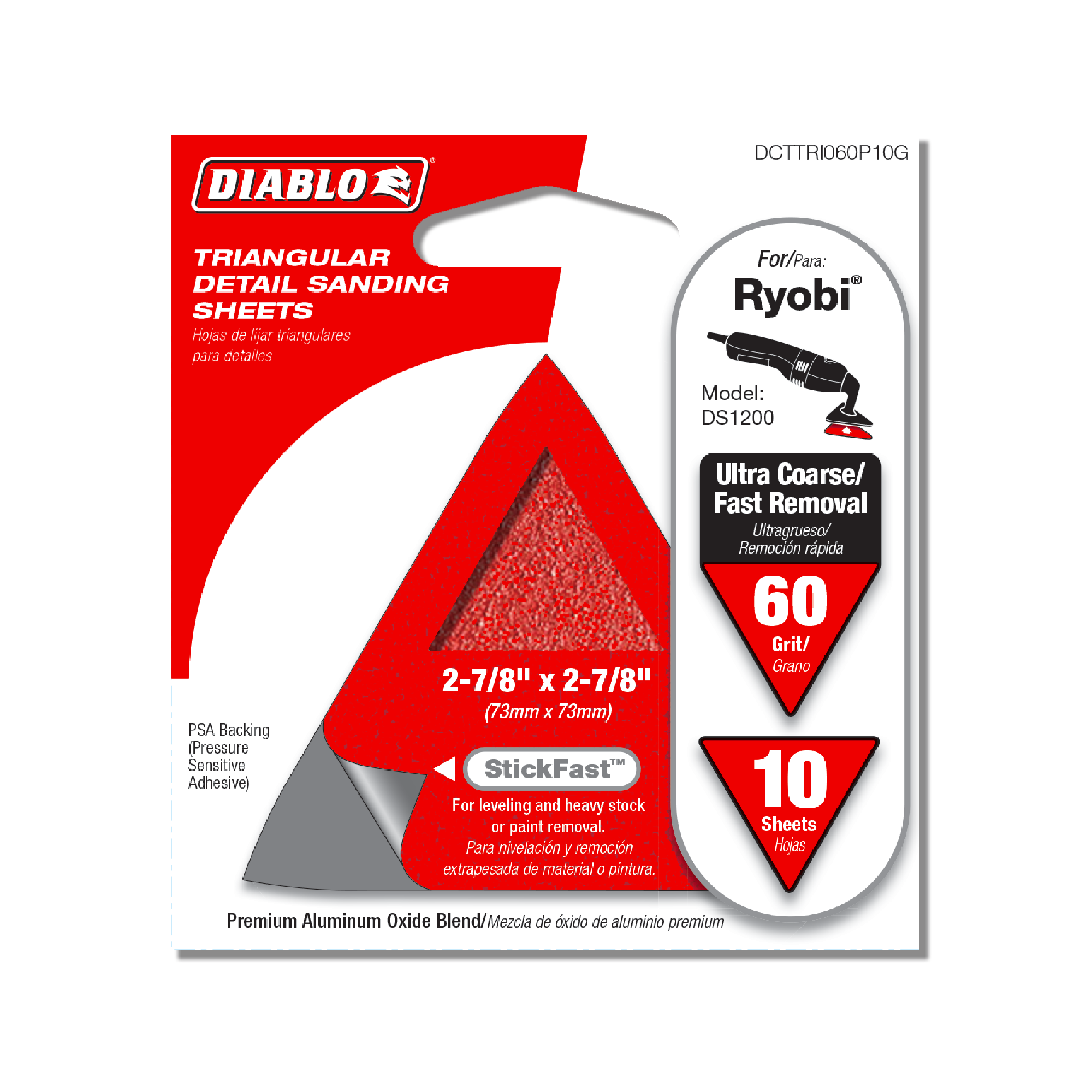 Diablo DCTTRI060P10G 2-7/8" x 2-7/8" 60-Grit StickFast™ Triangular Detail Sanding Sheets (10-Pack)