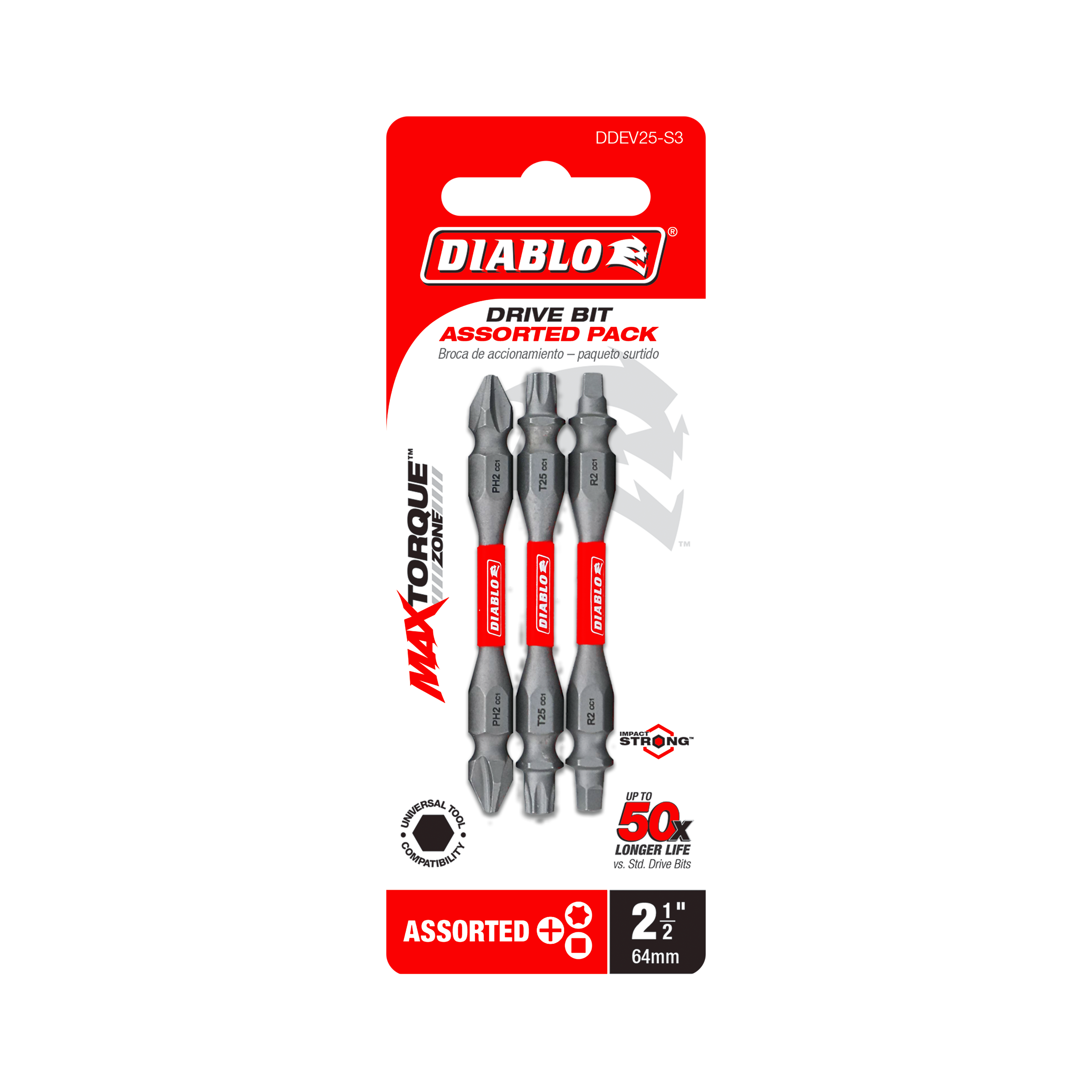 Diablo DDEV25-S3 2-1/2" Double-Ended Phillips, Square and Torx Drive Bit Set (3-Piece)