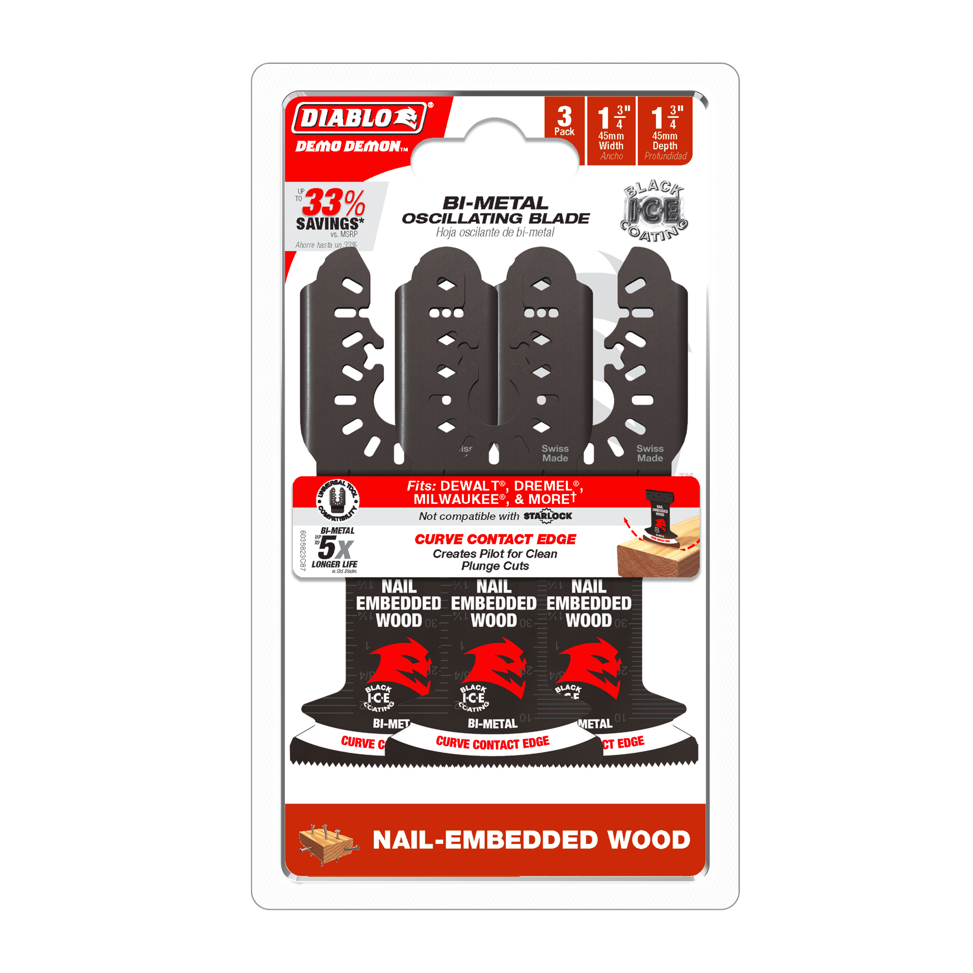 Diablo DOS175JBW3 Diablo Demo Demon™ 1-3/4"  Starlock Bi-Metal Oscillating Blades for Clean Wood (3-Pack)