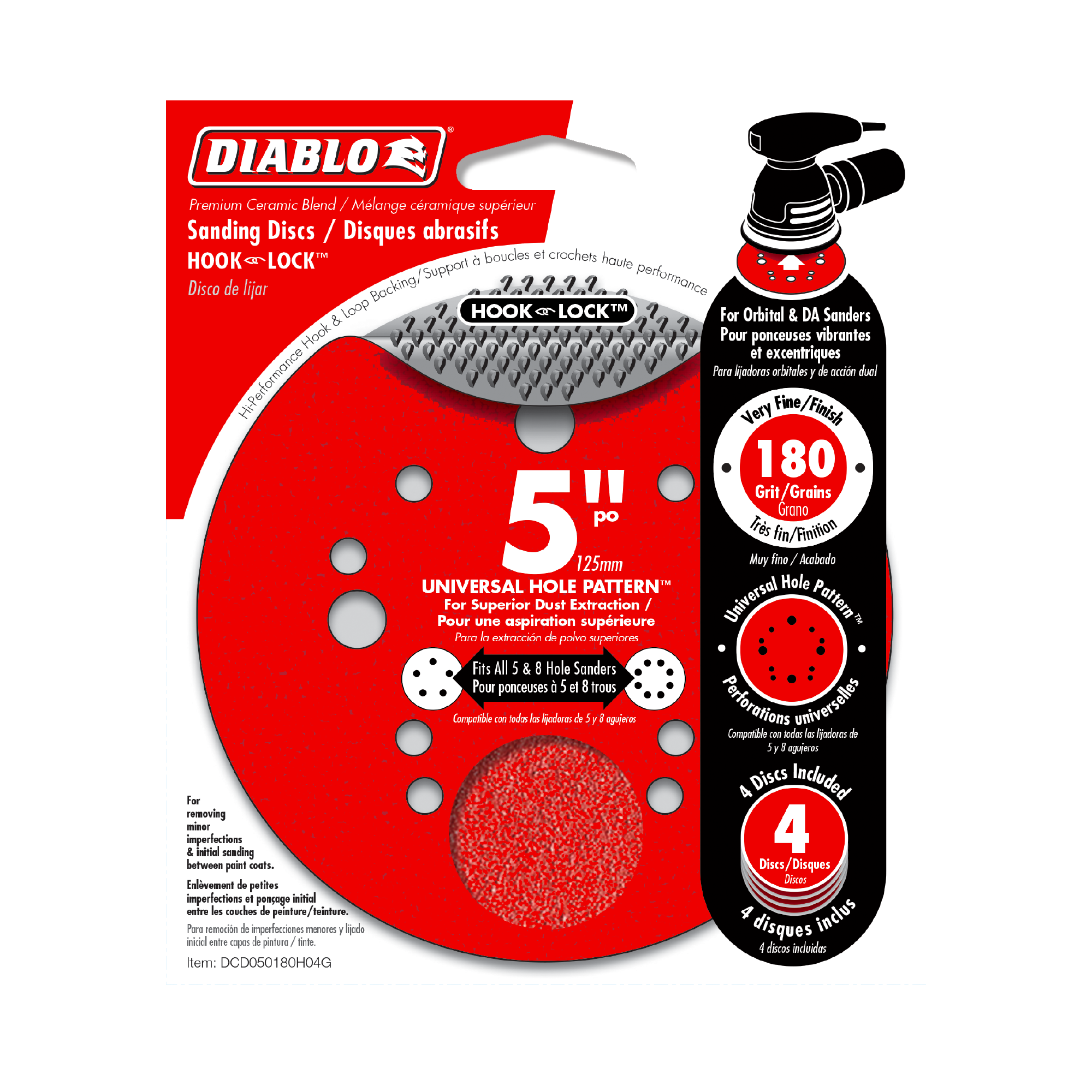 Diablo DCD050180H04G 5" 180-Grit Hook & Lock™ ROS Sanding Discs (4-Pack)