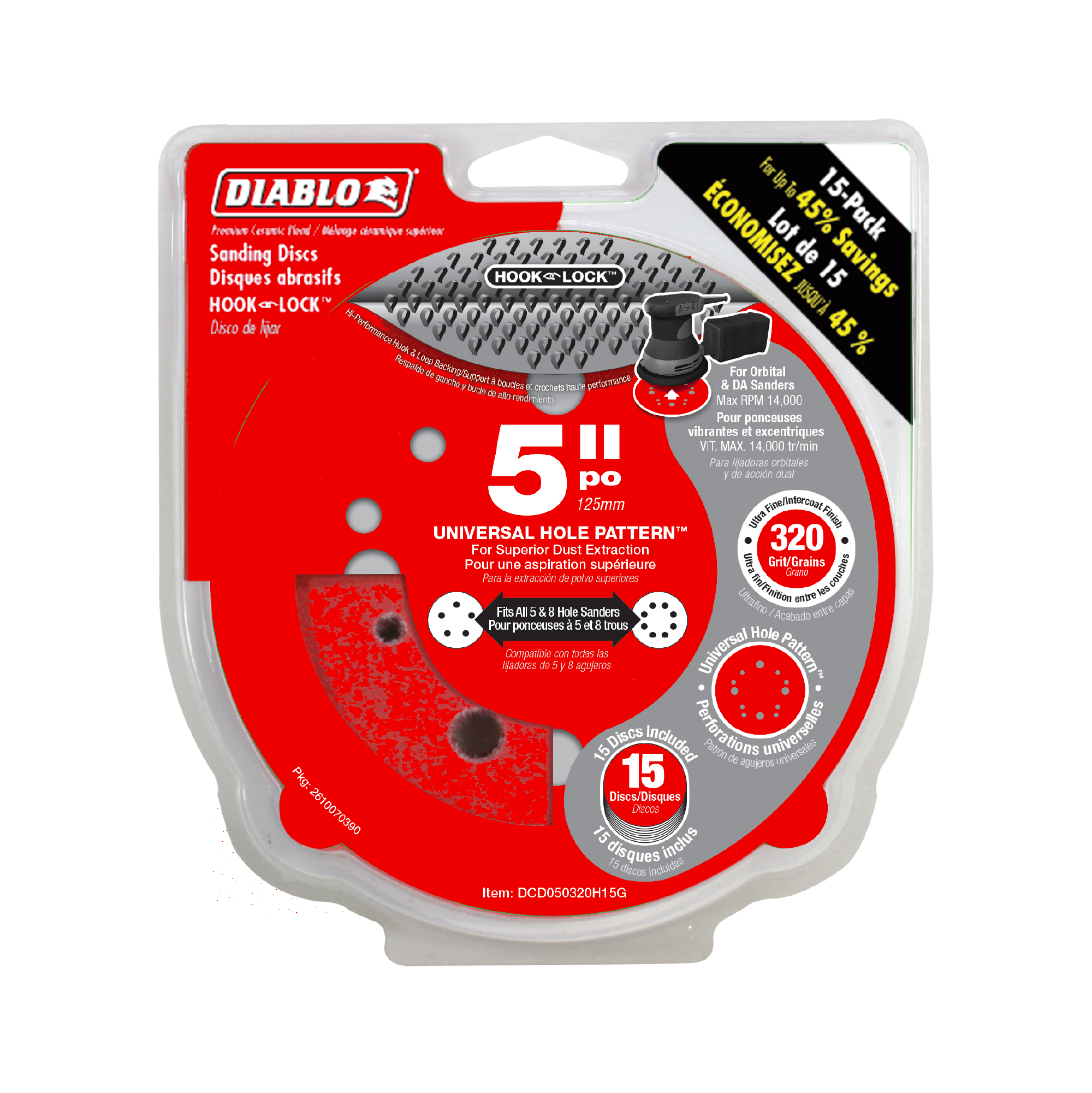 Diablo DCD050320H15G 5" 320-Grit Hook & Lock™ ROS Sanding Discs (15-Pack)