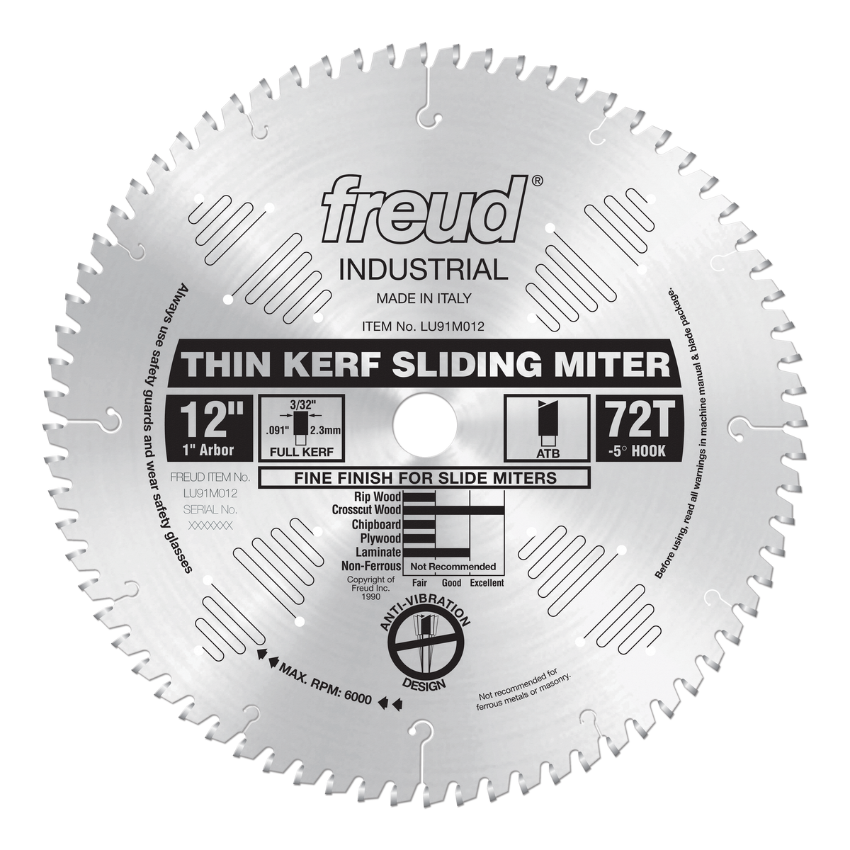 Freud LU91M012 12" Thin Kerf Sliding Compound Miter Saw Blade