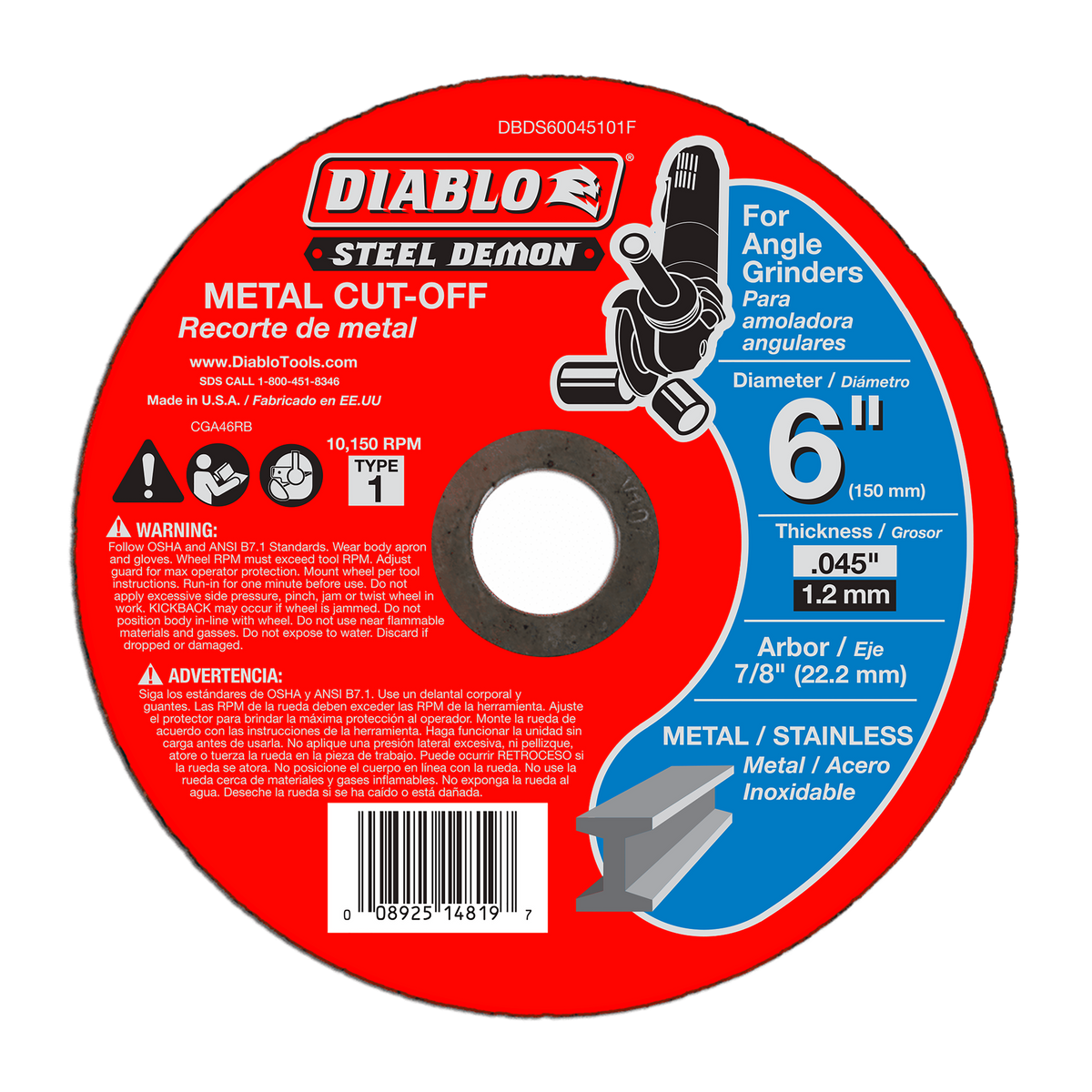 Diablo DBDS60045101F 6" Type 1 Steel Demon™ Metal Cut-Off Disc