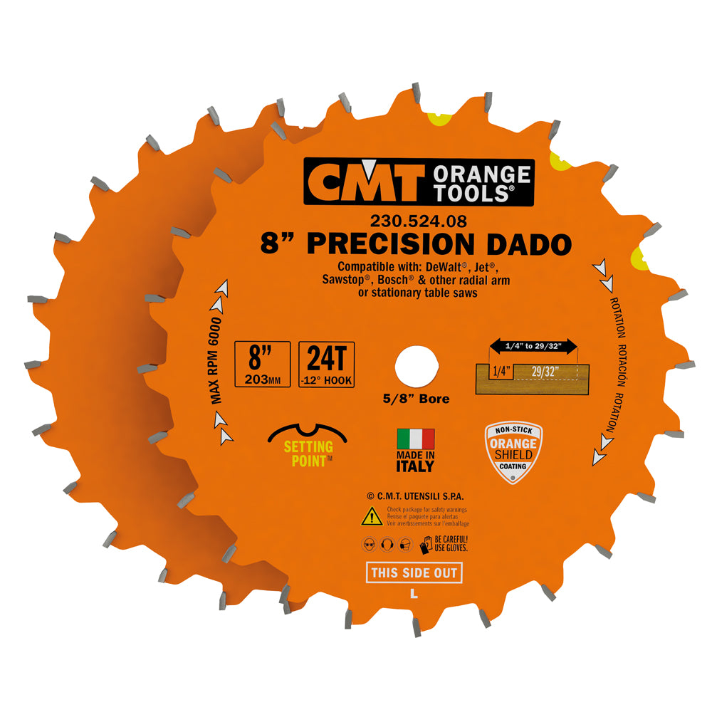 CMT 230.524.08 PRECISION DADO 8’’x1/4” to 29/32”x5/8’’  T=24 FLAT+ATB (-12° NEG)