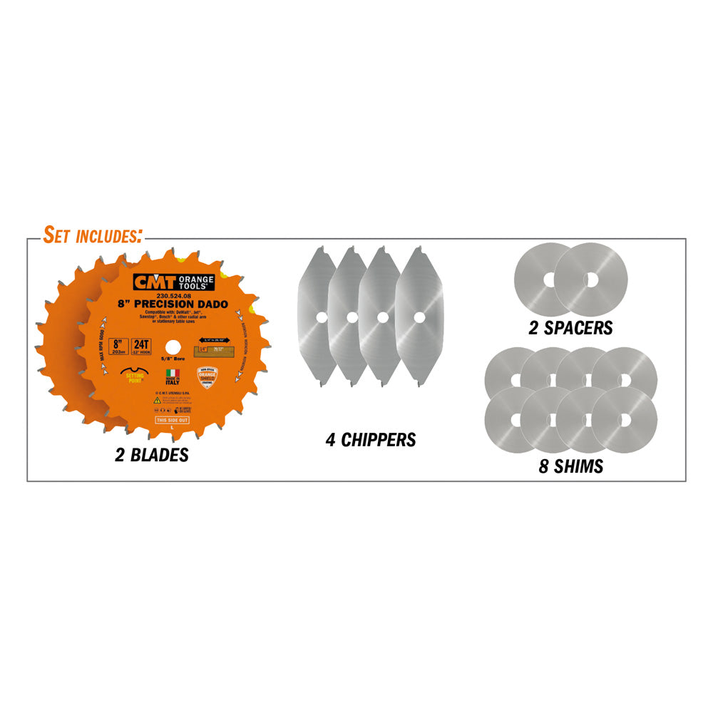 CMT 230.524.08 PRECISION DADO 8’’x1/4” to 29/32”x5/8’’  T=24 FLAT+ATB (-12° NEG)