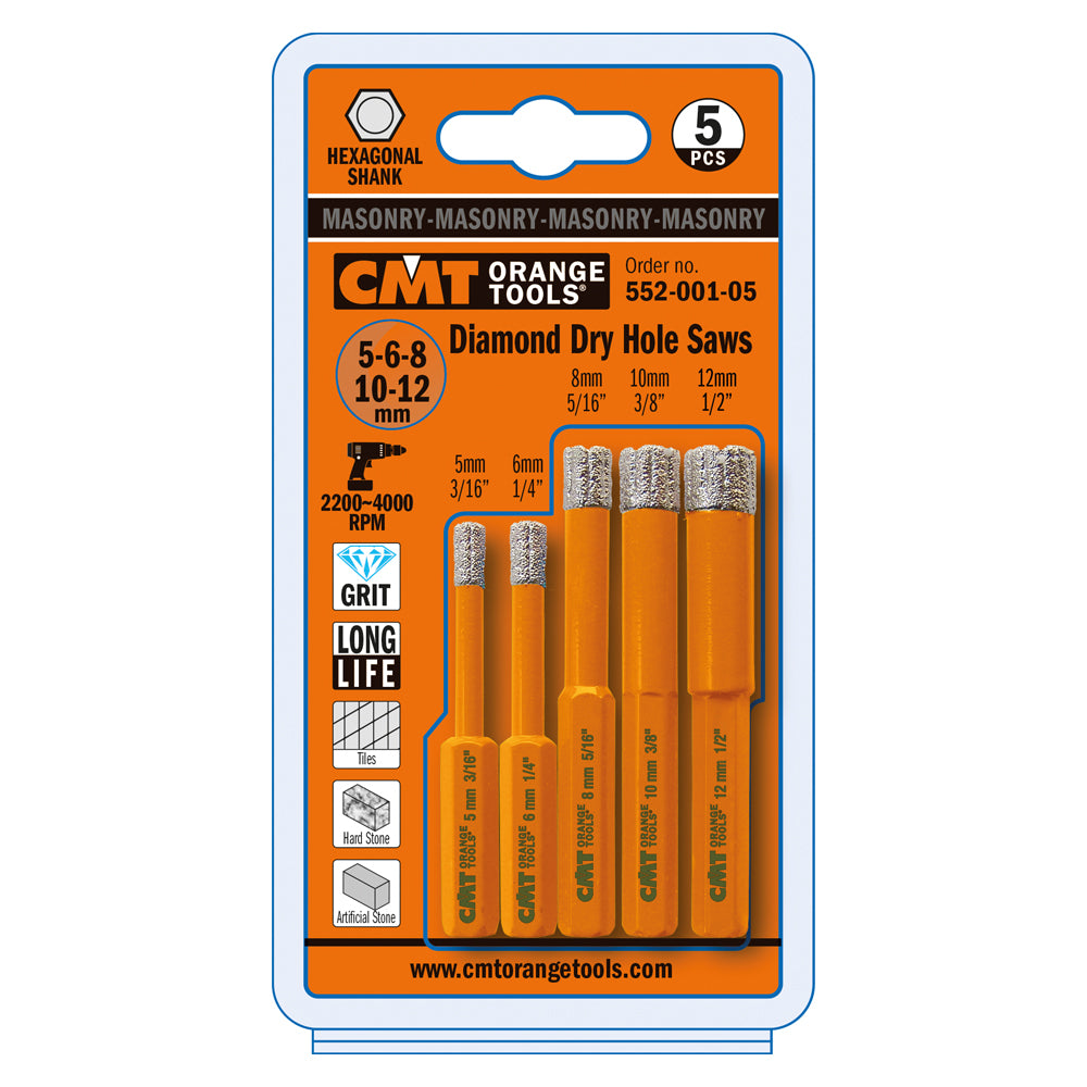 CMT 552-001-05 DIAMOND DRY HOLE SAW SET Ø3/16” - 1/4” - 5/16” - 3/8” - 1/2”  (5-PC)