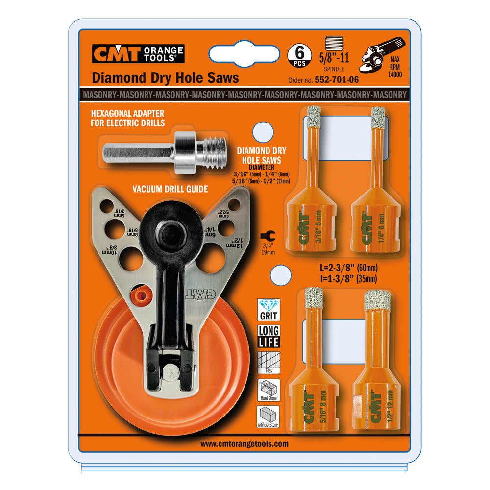 CMT 552-705 DIAMOND DRY HOLE SAW D=3/16”x1-3/8”x2-3/8’’  S=5/8”-11