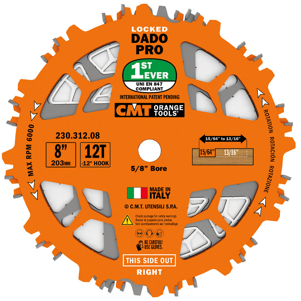 CMT 230.312.08 LOCKED DADO PRO 8’’x15/64” to 13/16”x5/8’’   T=12 FLAT+ATB (-12° NEG)