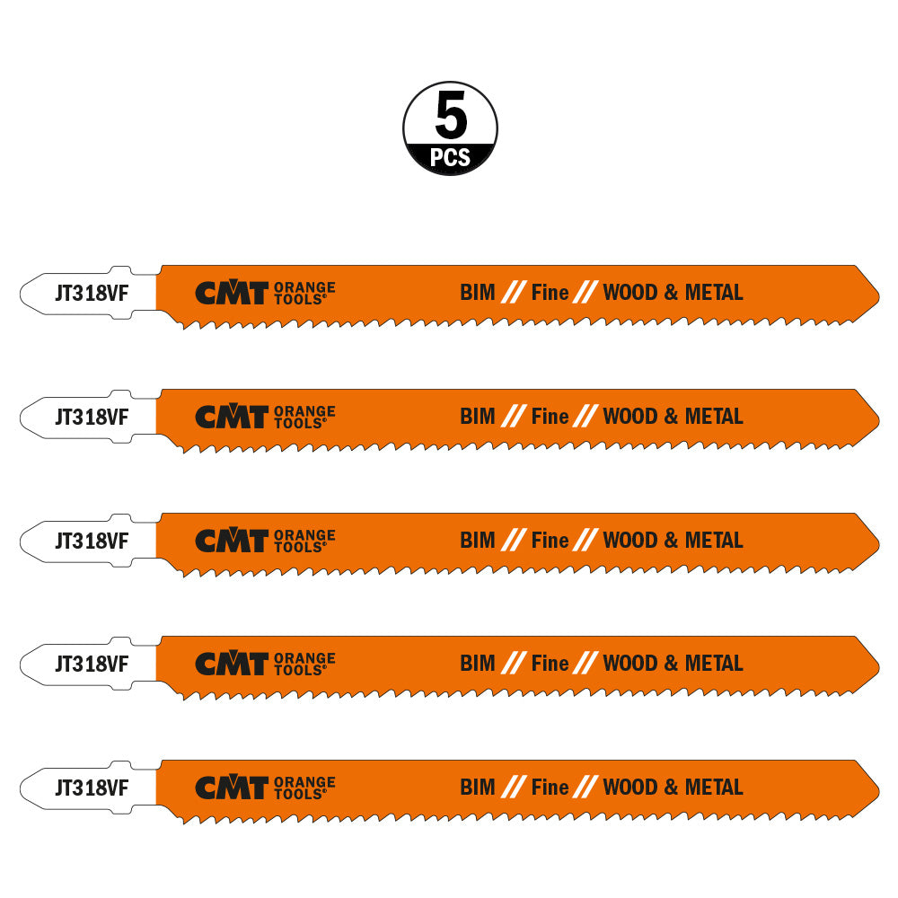 CMT JT318VF-5 JIG SAW BLADES WOOD&METAL/FINE STRAIGHT (BIM) 5-1/4”x10-15TPI (5-PCS.)