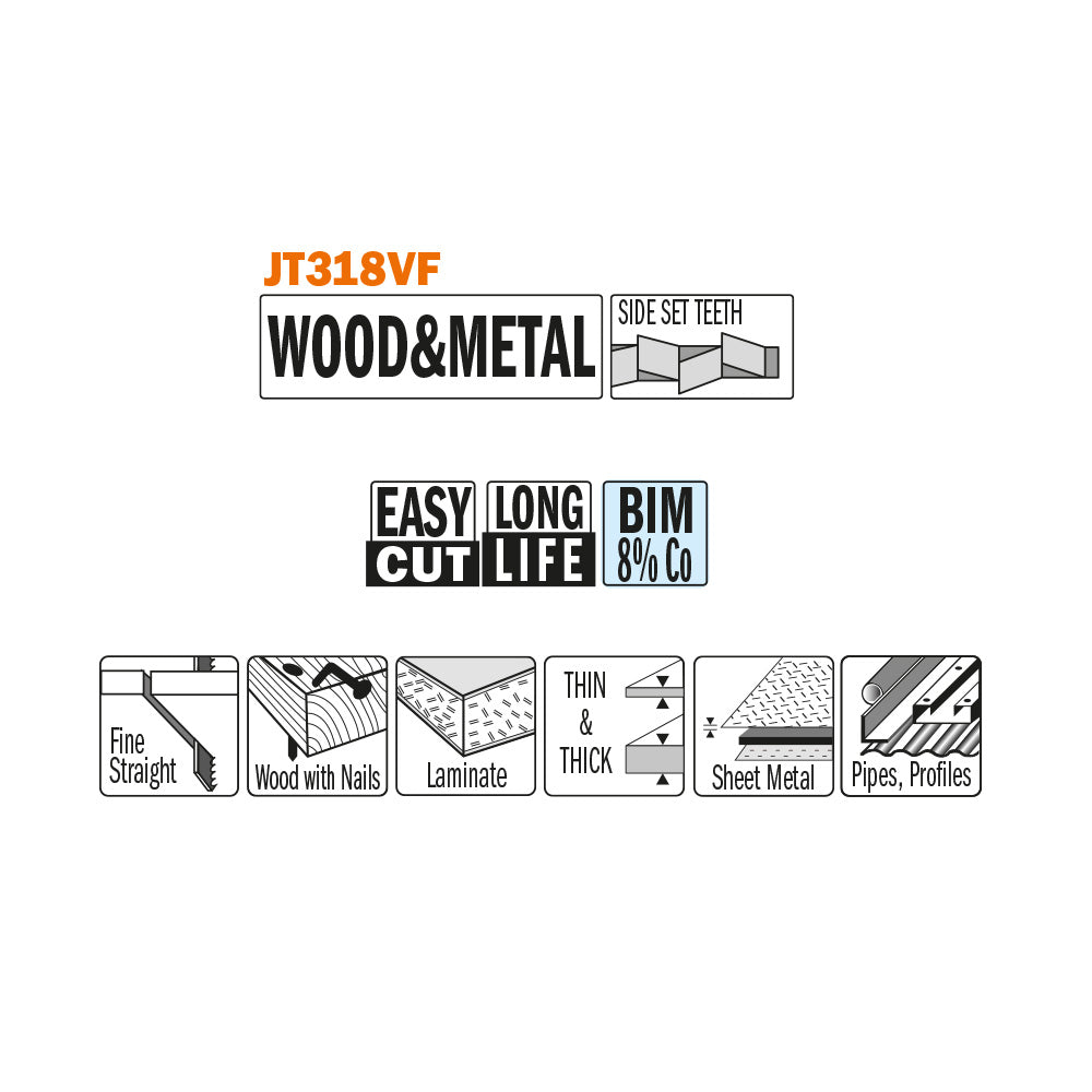 CMT JT318VF-5 JIG SAW BLADES WOOD&METAL/FINE STRAIGHT (BIM) 5-1/4”x10-15TPI (5-PCS.)