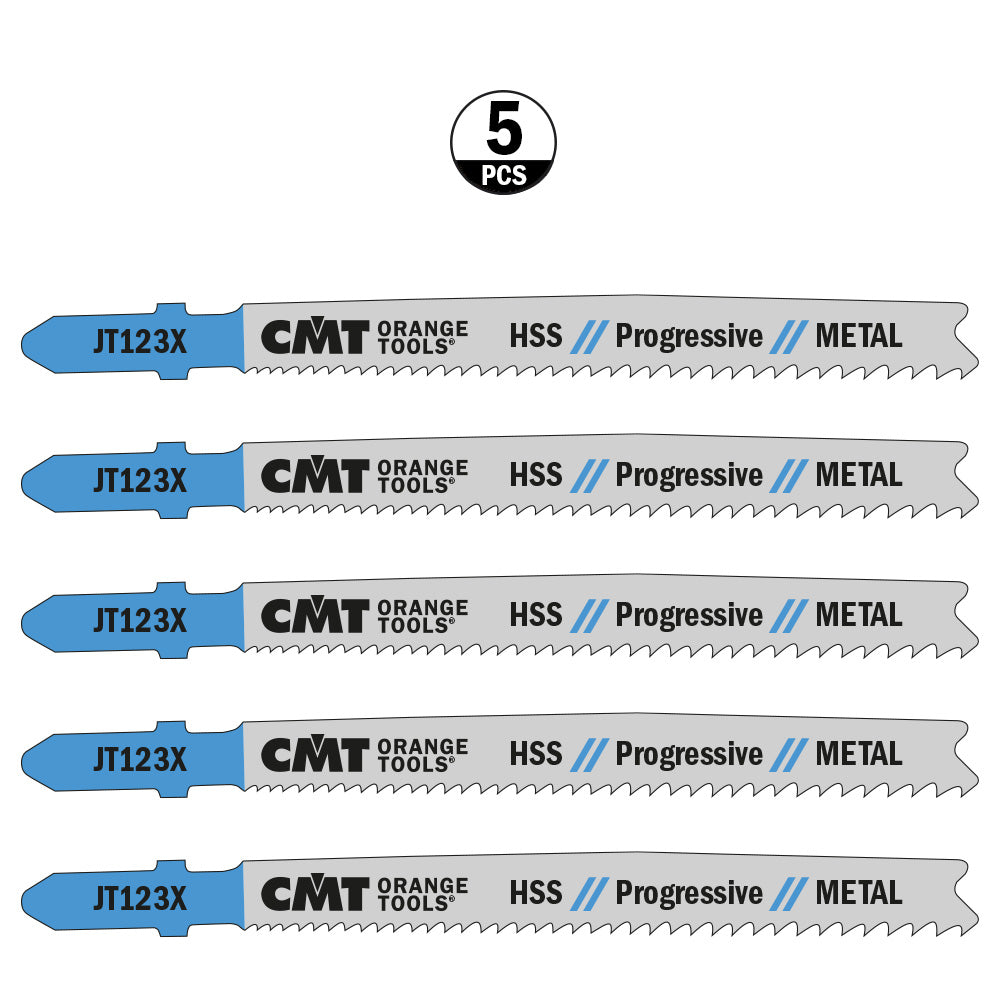 CMT JT123X-5 JIG SAW BLADES METAL/FINE STRAIGHT (HSS) 4”x 10-21TPI (5-PCS.)