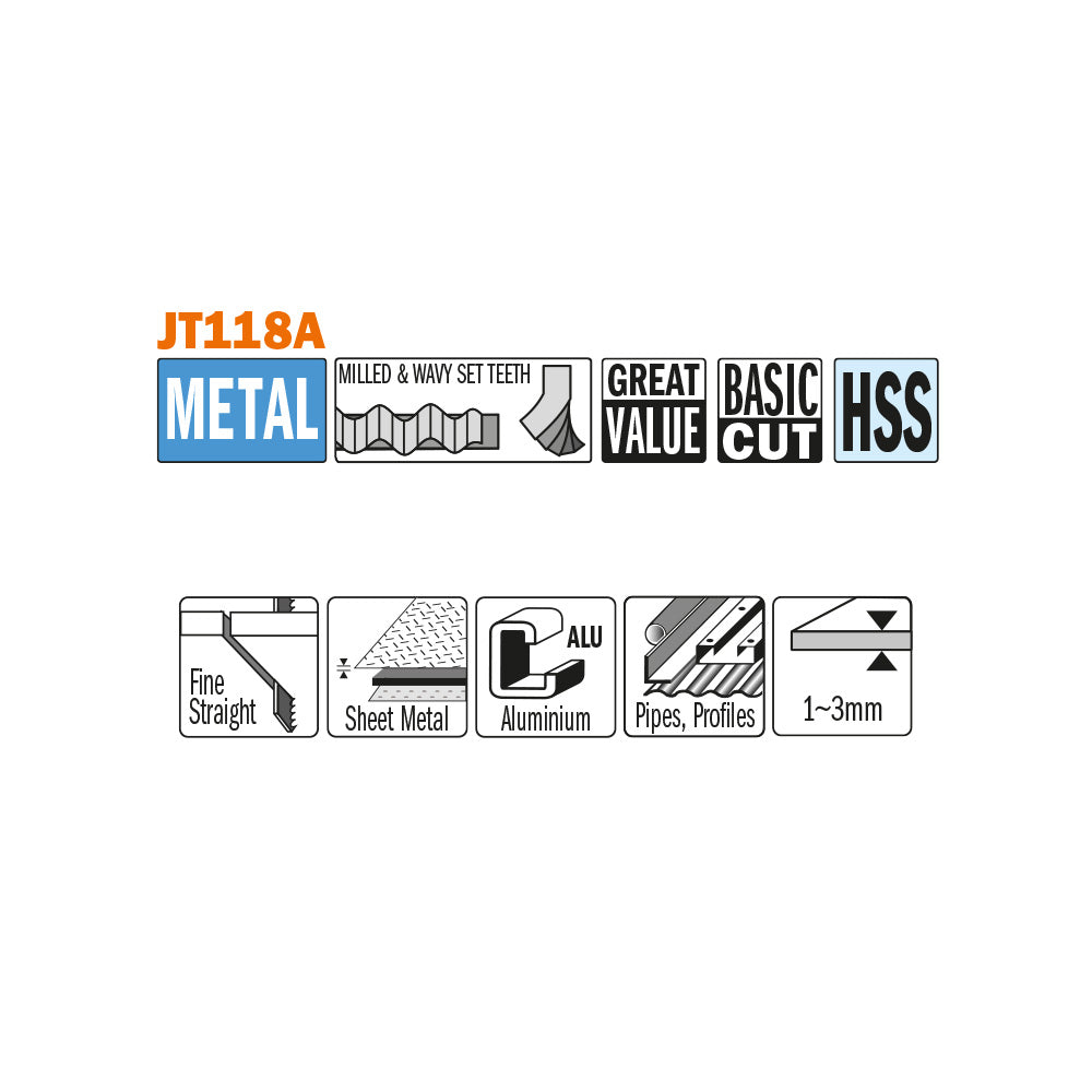 CMT JT118A-5 JIG SAW BLADES METAL/FINE STRAIGHT (HSS) 3”x 21TPI (5-PCS.)