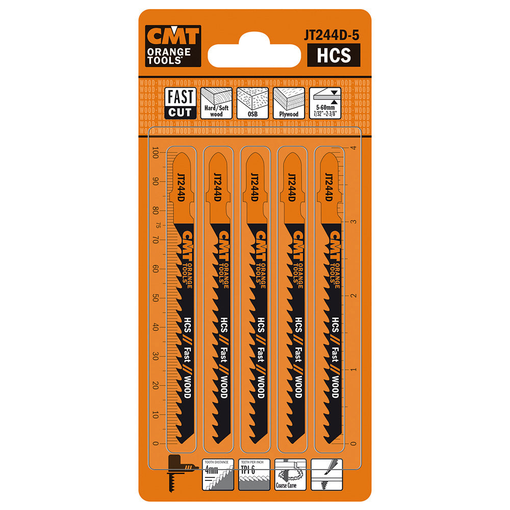 CMT JT244D-5 JIG SAW BLADES WOOD/COARSE CURVE (HCS) 4”x 6TPI (5-PCS.)