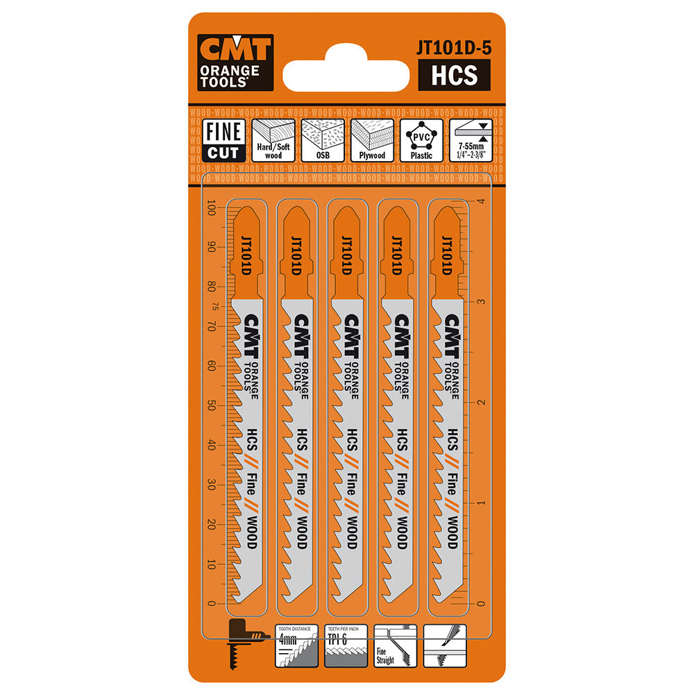 CMT JT101D-5 JIG SAW BLADES WOOD/FINE STRAIGHT (HCS) 4”x 6TPI (5-PCS.)