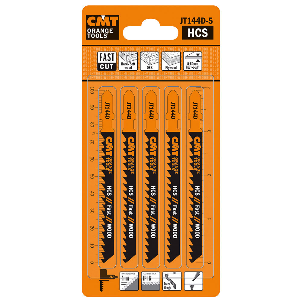 CMT JT144D-5 JIG SAW BLADES WOOD/COARSE STRAIGHT (HCS) 4”x 6TPI (5-PCS.)