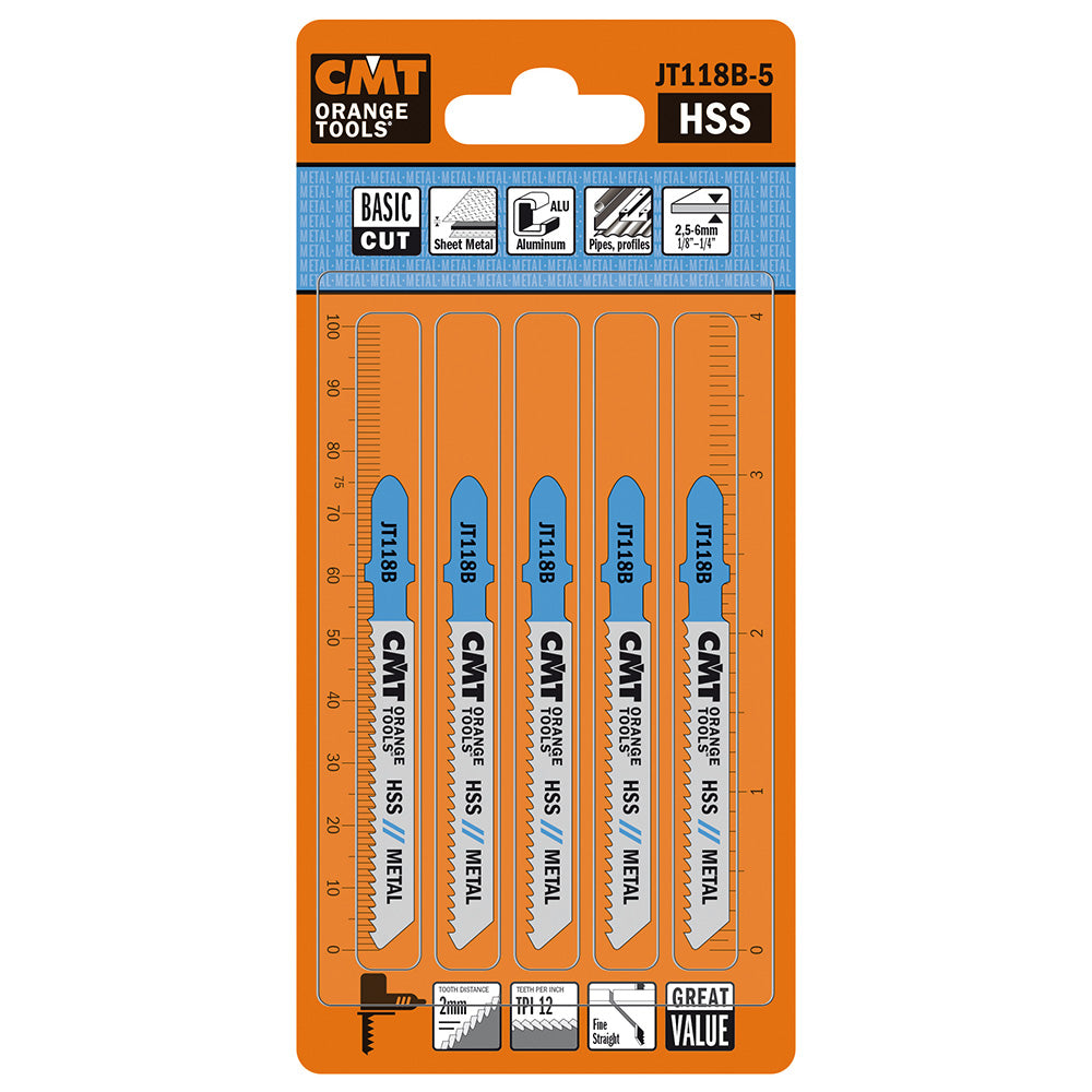 CMT JT118B-5 JIG SAW BLADES METAL/FINE STRAIGHT (HSS) 3”x 12TPI (5-PCS.)