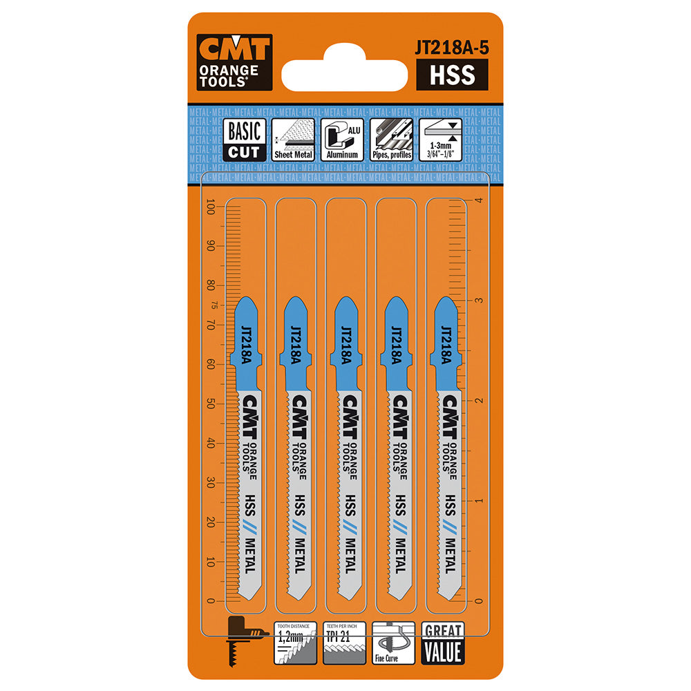 CMT JT218A-5 JIG SAW BLADES METAL/FINE CURVE (HSS) 3”x 21TPI (5-PCS.)