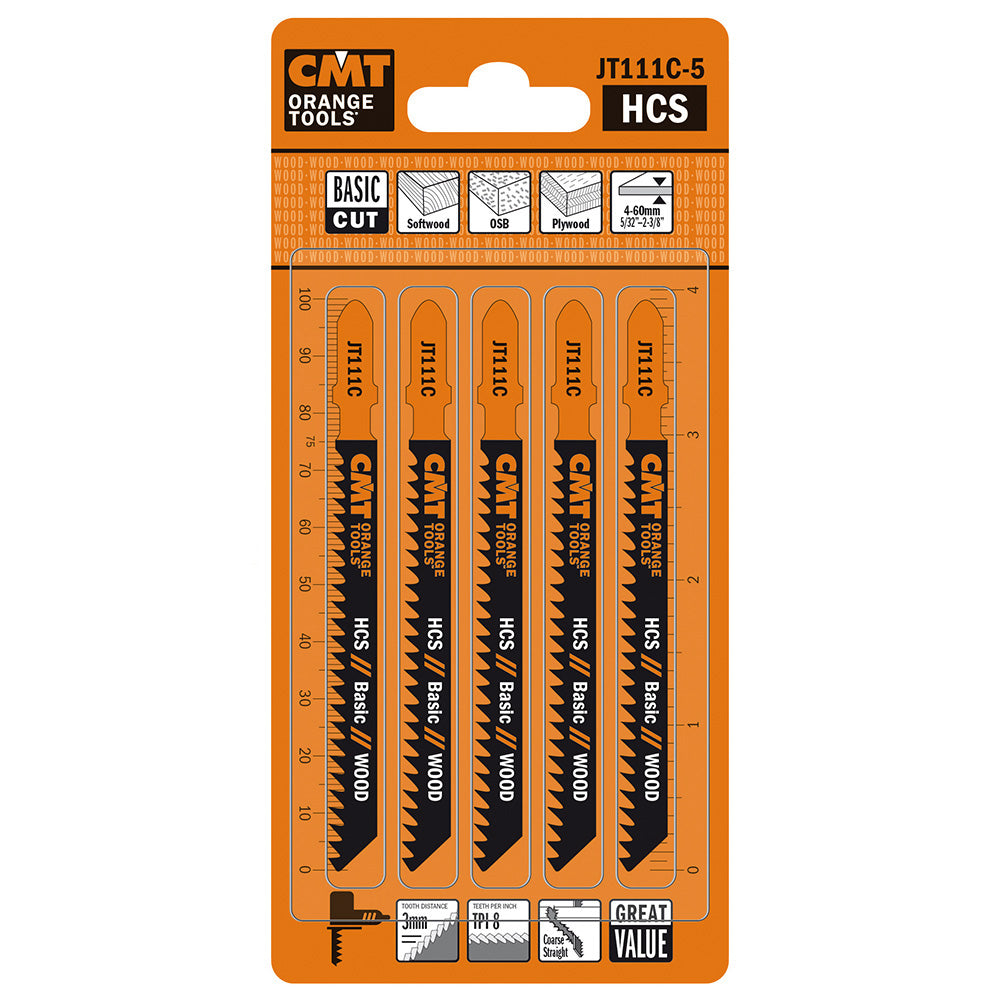 CMT JT111C-5 JIG SAW BLADES WOOD/COARSE STRAIGHT (HCS) 4”x 8TPI (5-PCS.)