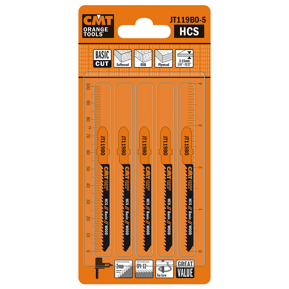 CMT JT119BO-5 JIG SAW BLADES WOOD/FINE CURVE (HCS) 3”x 12TPI (5-PCS.)