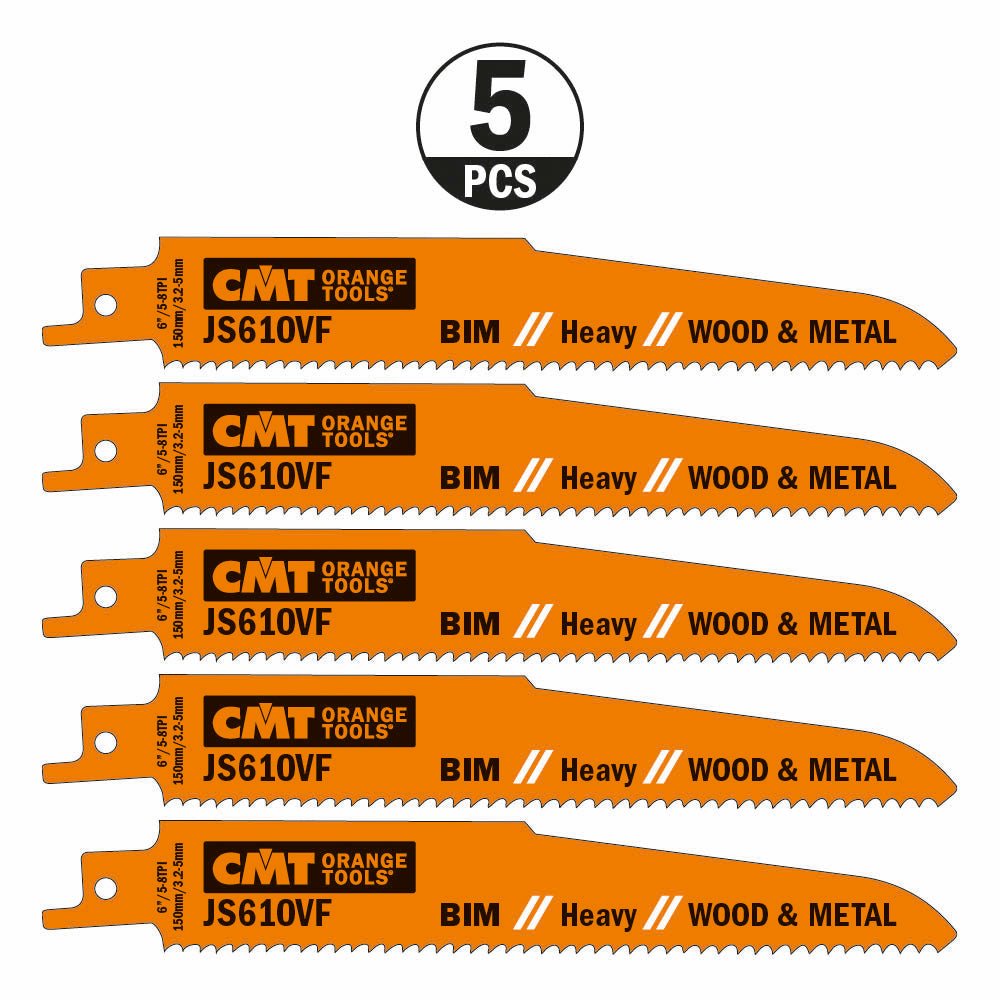 CMT JS610VF-5 RECIPROCATING SAW BLADES for WOOD&METAL (BIM) 6”x 5-8TPI  (5-PCS.)