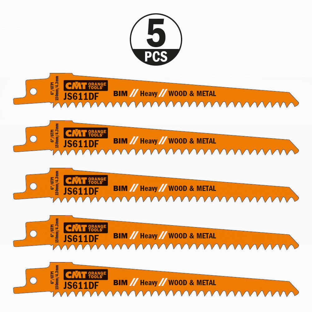 CMT JS611DF-5 RECIPROCATING SAW BLADES for WOOD&METAL (BIM) 6”x 6TPI  (5-PCS.)