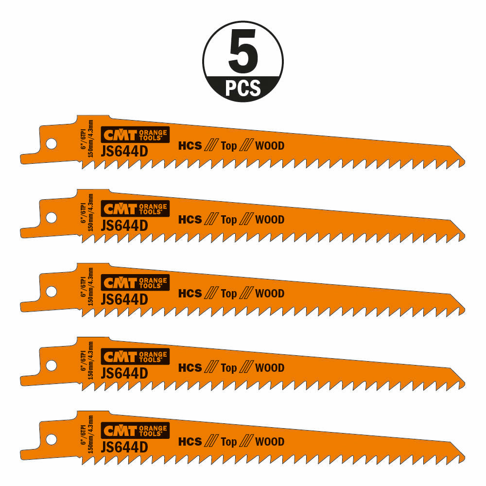 CMT JS644D-5 RECIPROCATING SAW BLADES for WOOD (HCS) 6”x 6TPI  (5-PCS.)