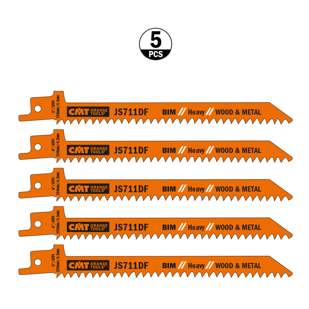 CMT JS711DF-5 RECIPROCATING SAW BLADES for WOOD&METAL (BIM) 6”x 6TPI  (5-PCS.)