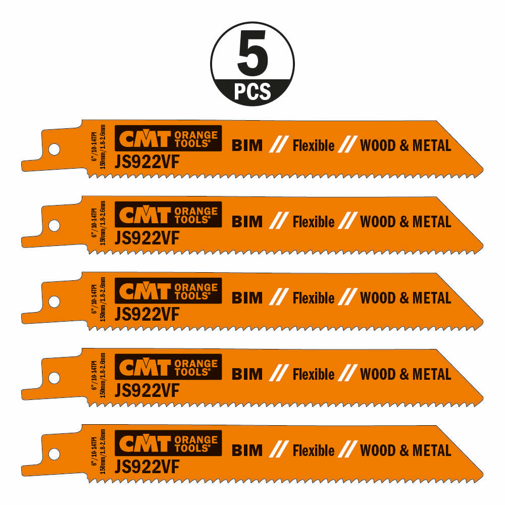 CMT JS922VF-5 RECIPROCATING SAW BLADES for WOOD&METAL (BIM) 6”x 10-14TPI  (5-PCS.)