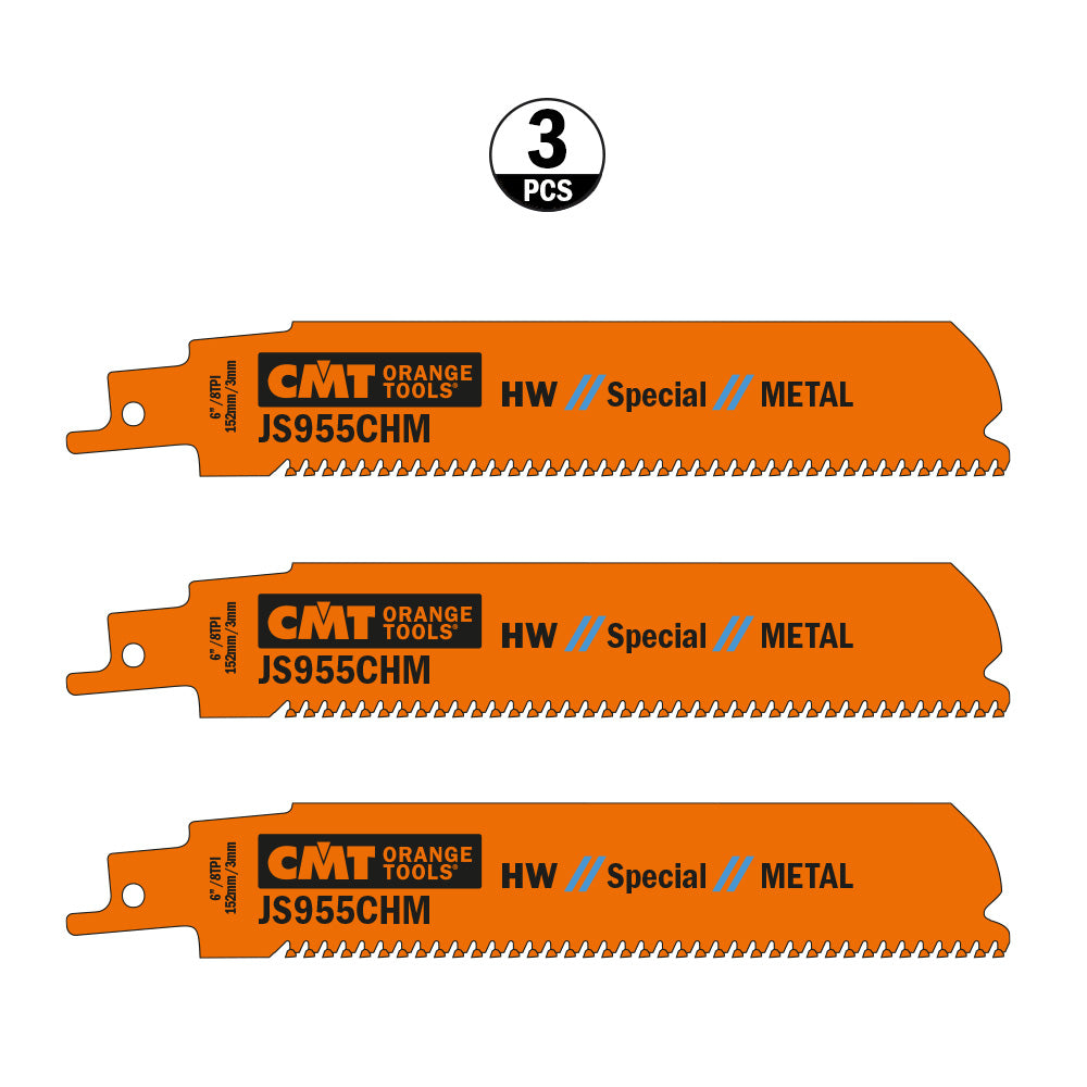 CMT JS955CHM-3 RECIPROCATING SAW BLADES for METAL (CARBIDE) 6”x 8TPI (3-PCS.)