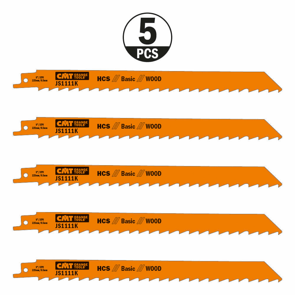 CMT JS1111K-5 RECIPROCATING SAW BLADES for WOOD (HCS) 9”x 3TPI  (5-PCS.)