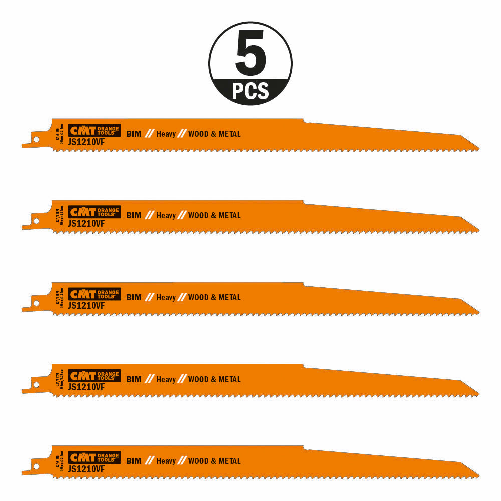 CMT JS1210VF-5 RECIPROCATING SAW BLADES for WOOD&METAL (BIM) 12”x 5-8TPI  (5-PCS.)