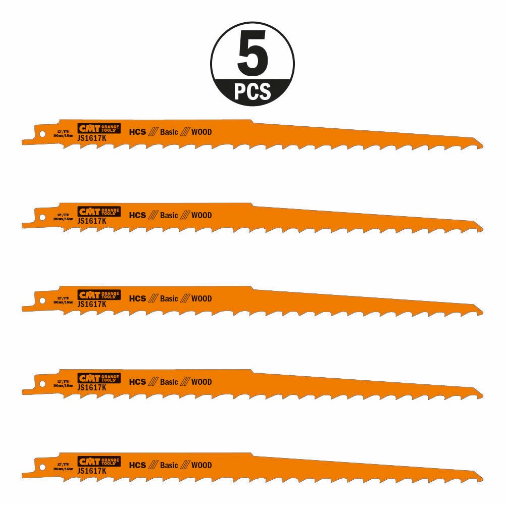 CMT JS1617K-5 RECIPROCATING SAW BLADES for WOOD (HCS) 12”x 3TPI  (5-PCS.)